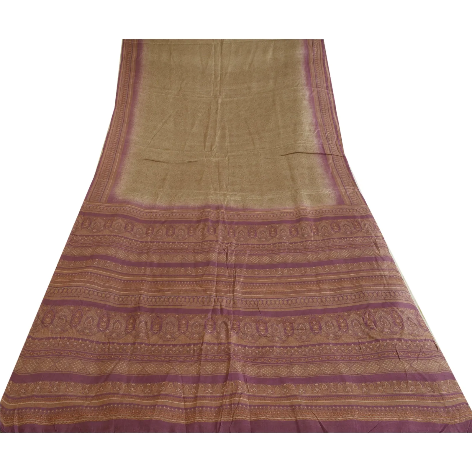 Sanskriti Vintage Sarees Cream/Purple 100% Pure Silk Printed Sari Craft Fabric