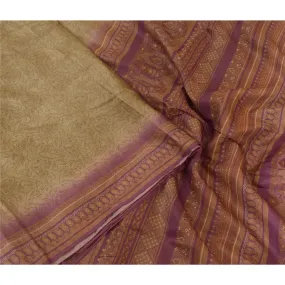 Sanskriti Vintage Sarees Cream/Purple 100% Pure Silk Printed Sari Craft Fabric