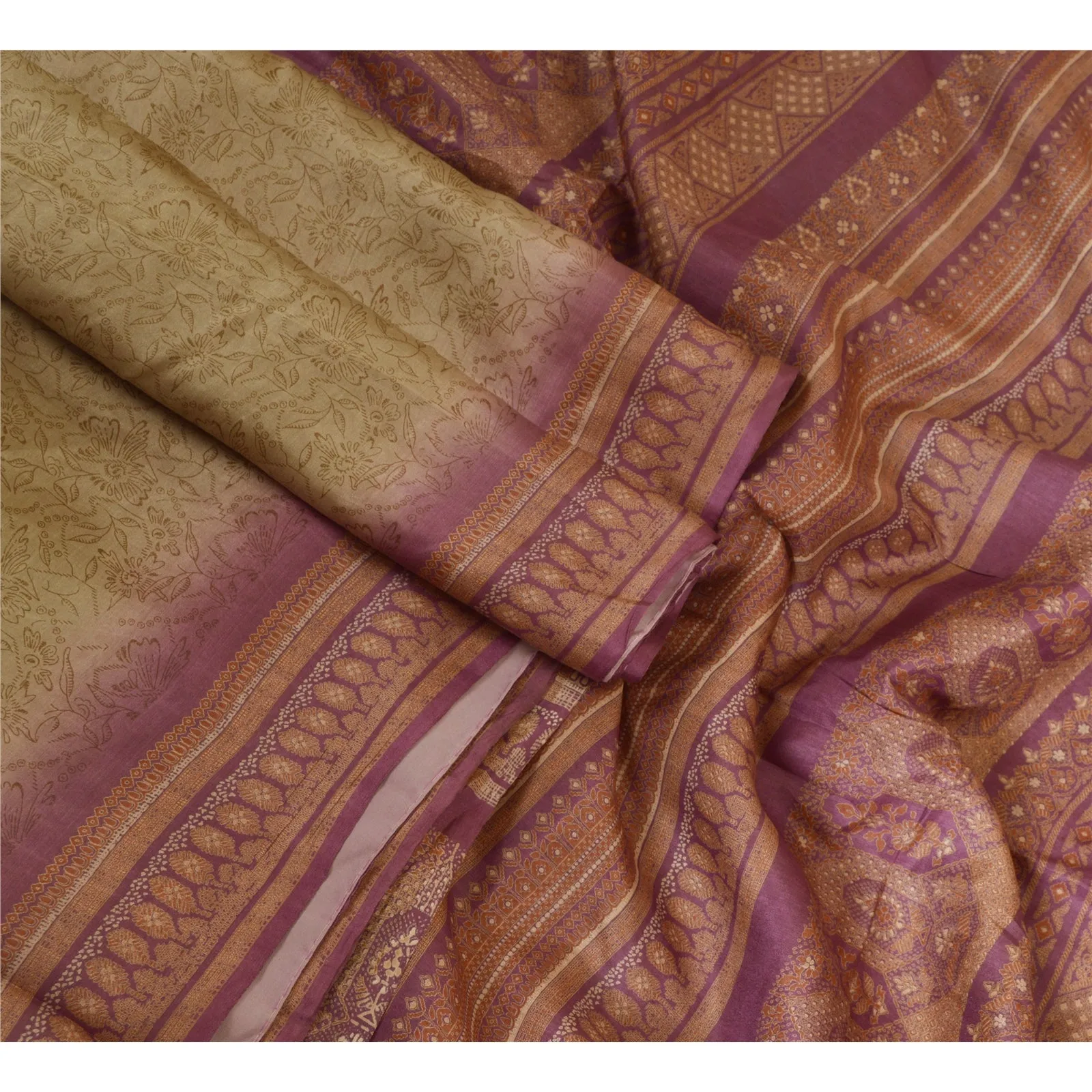 Sanskriti Vintage Sarees Cream/Purple 100% Pure Silk Printed Sari Craft Fabric