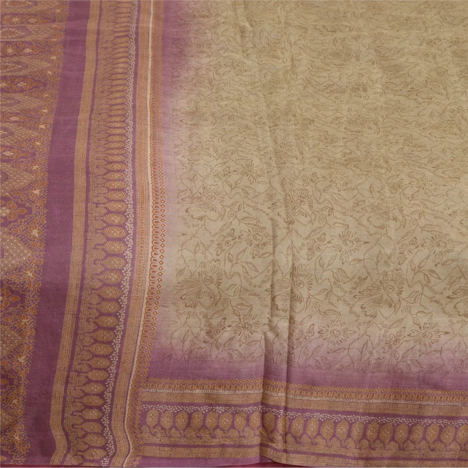 Sanskriti Vintage Sarees Cream/Purple 100% Pure Silk Printed Sari Craft Fabric