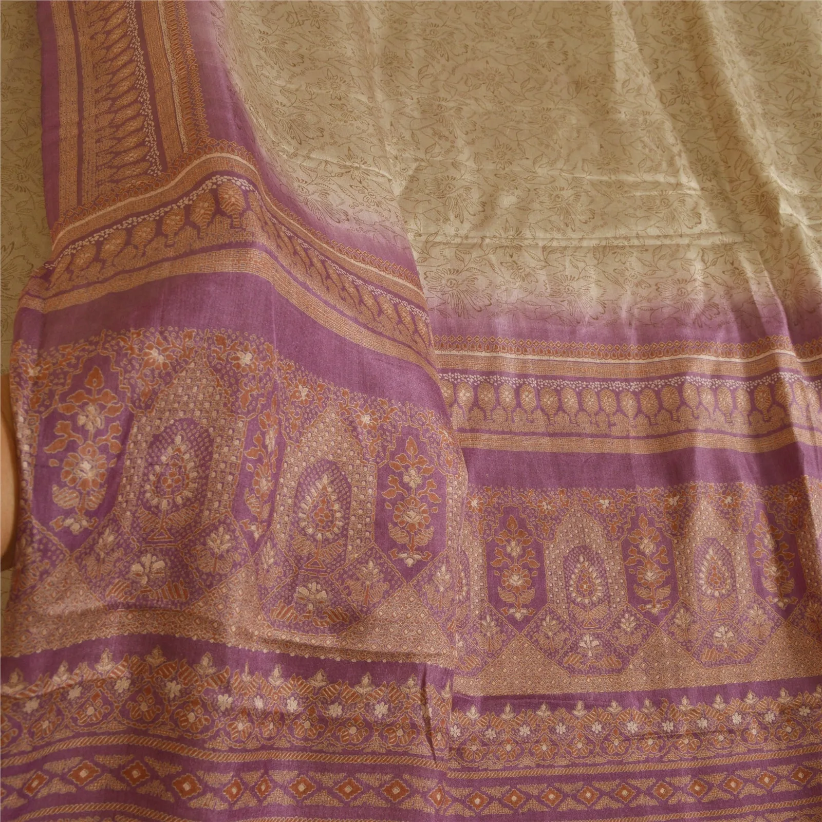 Sanskriti Vintage Sarees Cream/Purple 100% Pure Silk Printed Sari Craft Fabric