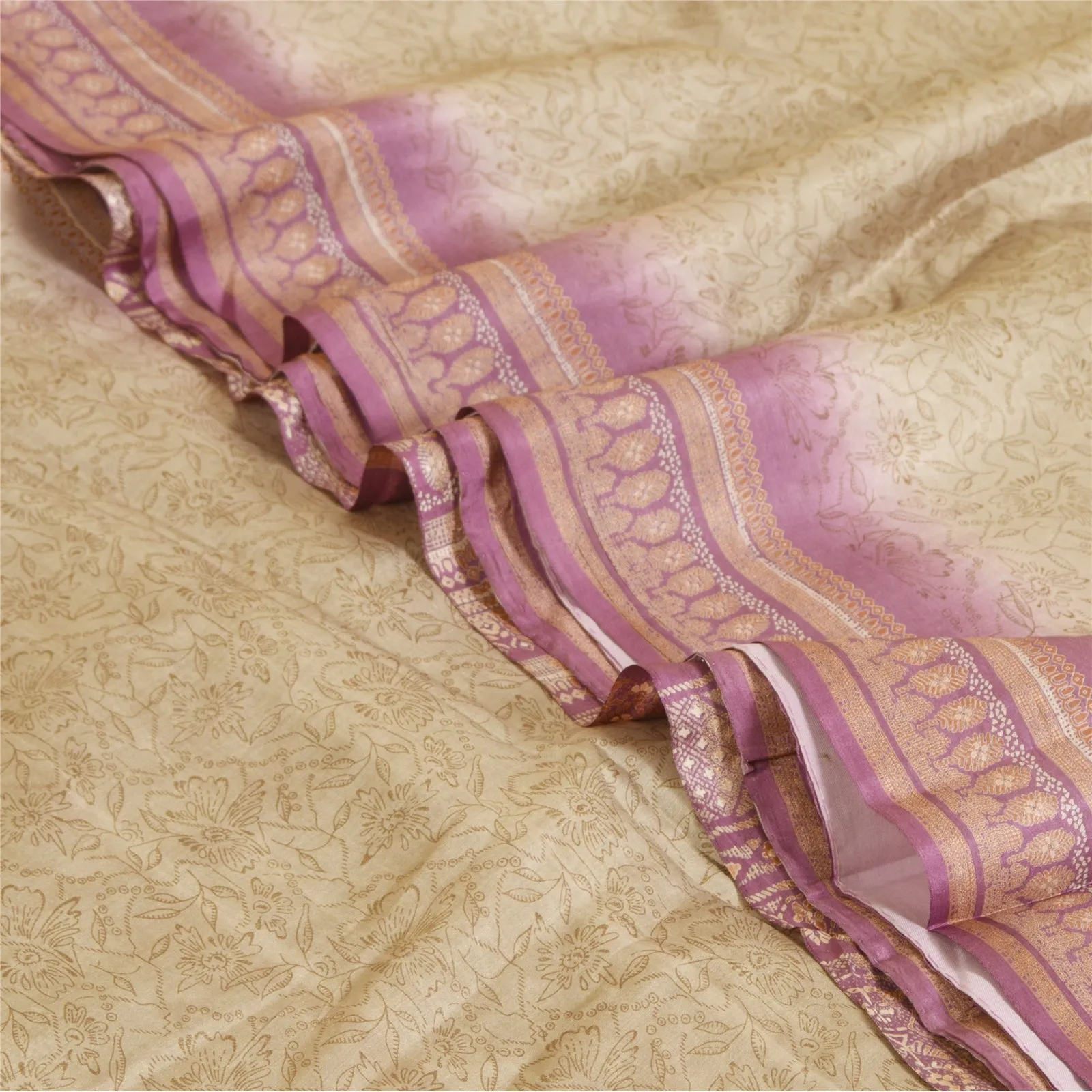 Sanskriti Vintage Sarees Cream/Purple 100% Pure Silk Printed Sari Craft Fabric