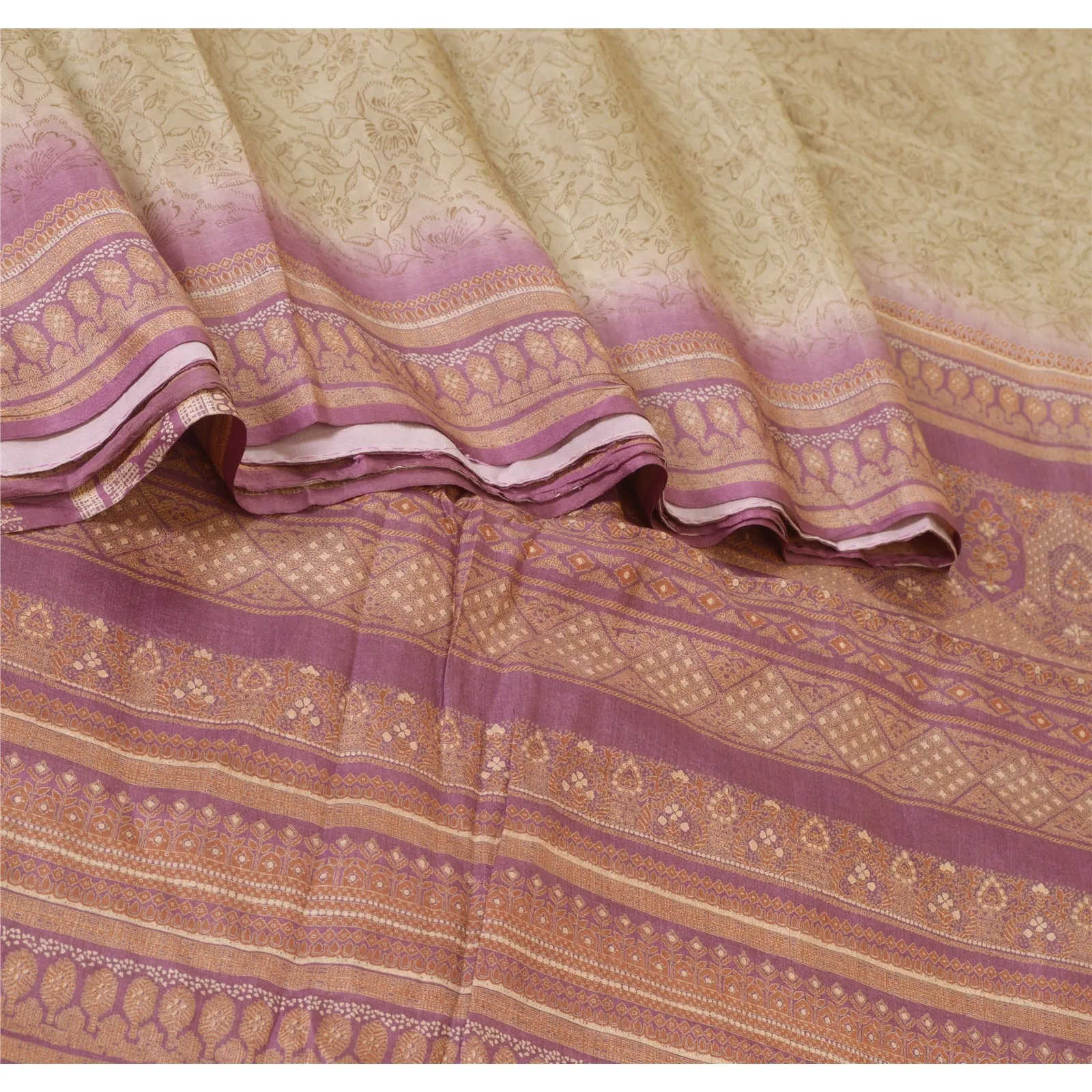 Sanskriti Vintage Sarees Cream/Purple 100% Pure Silk Printed Sari Craft Fabric