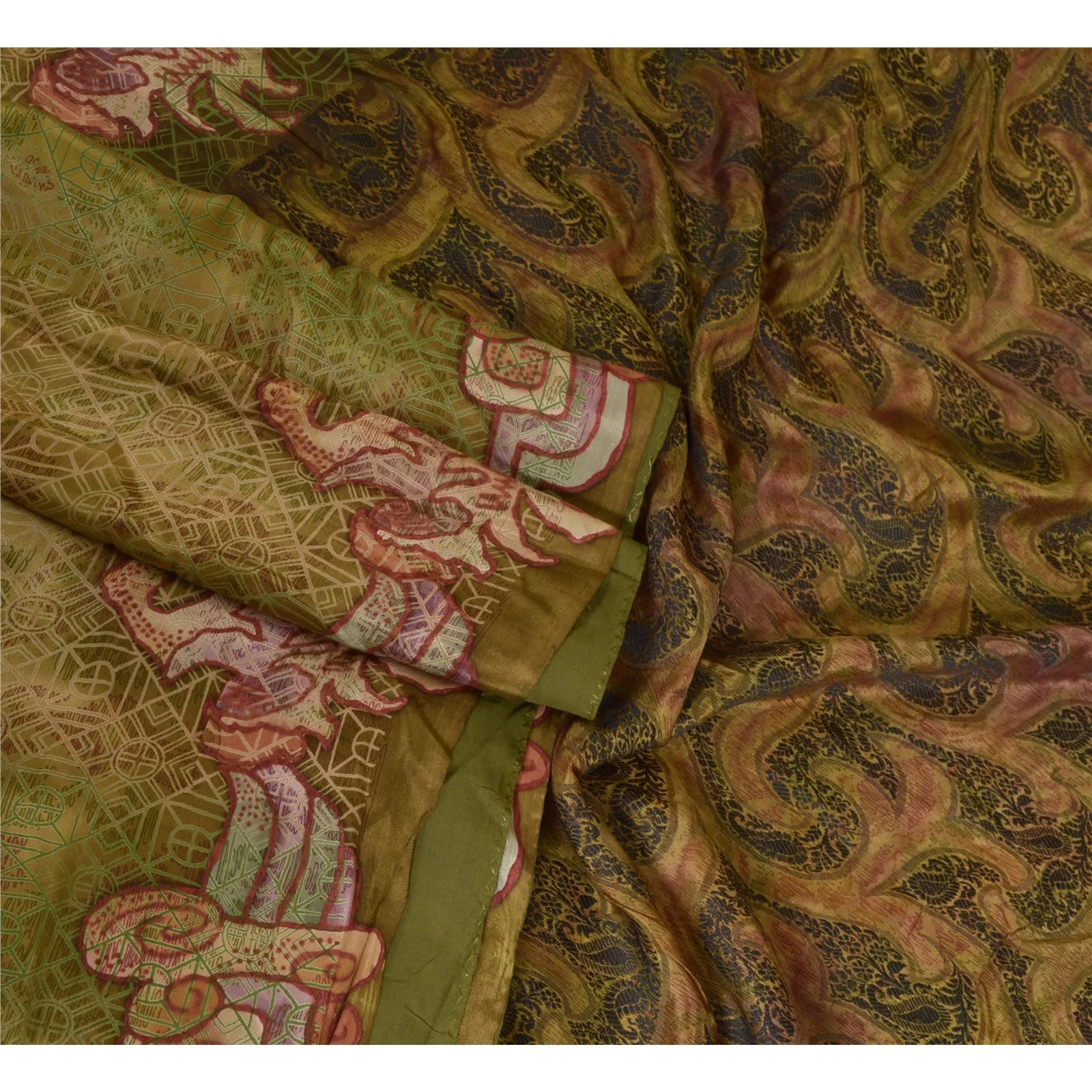 Sanskriti Vintage Sarees From India Green Printed Pure Silk Sari Craft Fabric