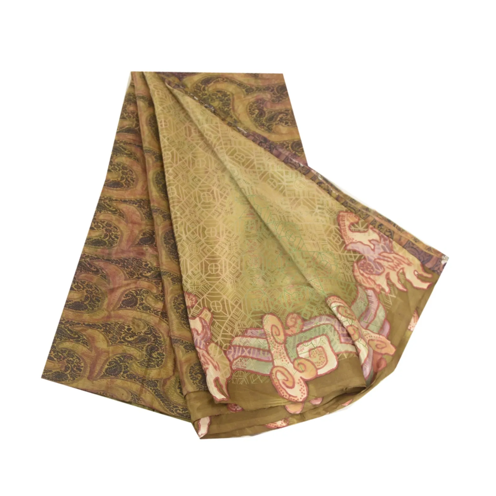 Sanskriti Vintage Sarees From India Green Printed Pure Silk Sari Craft Fabric