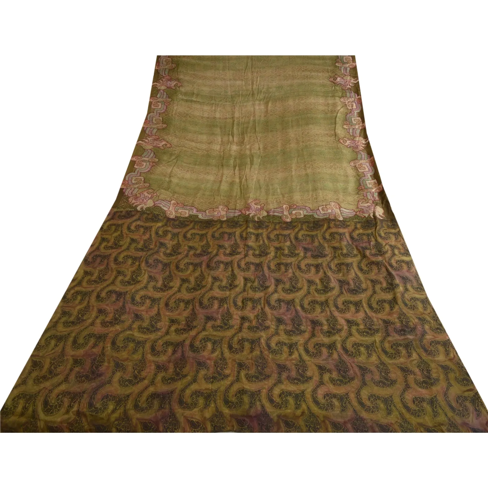 Sanskriti Vintage Sarees From India Green Printed Pure Silk Sari Craft Fabric