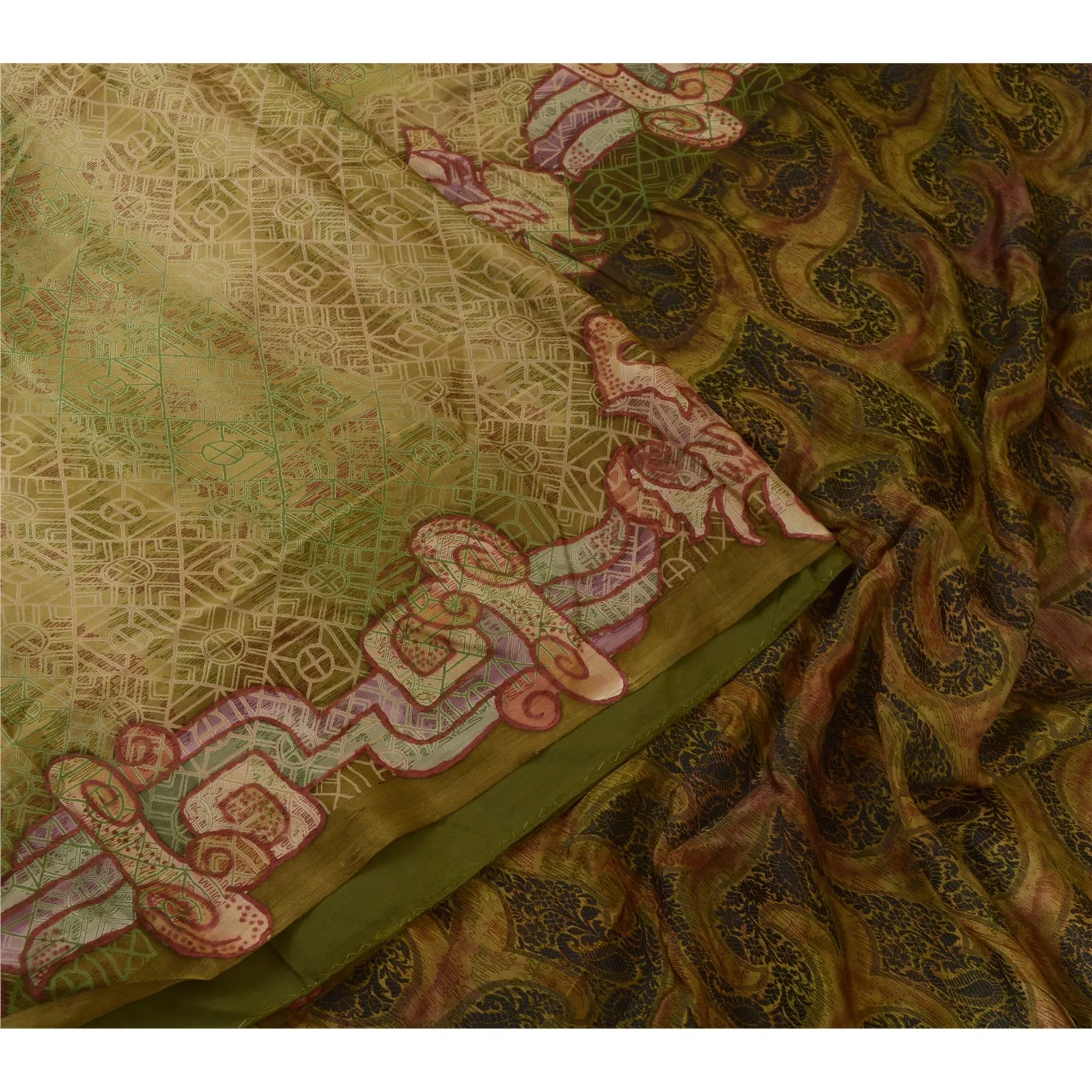 Sanskriti Vintage Sarees From India Green Printed Pure Silk Sari Craft Fabric