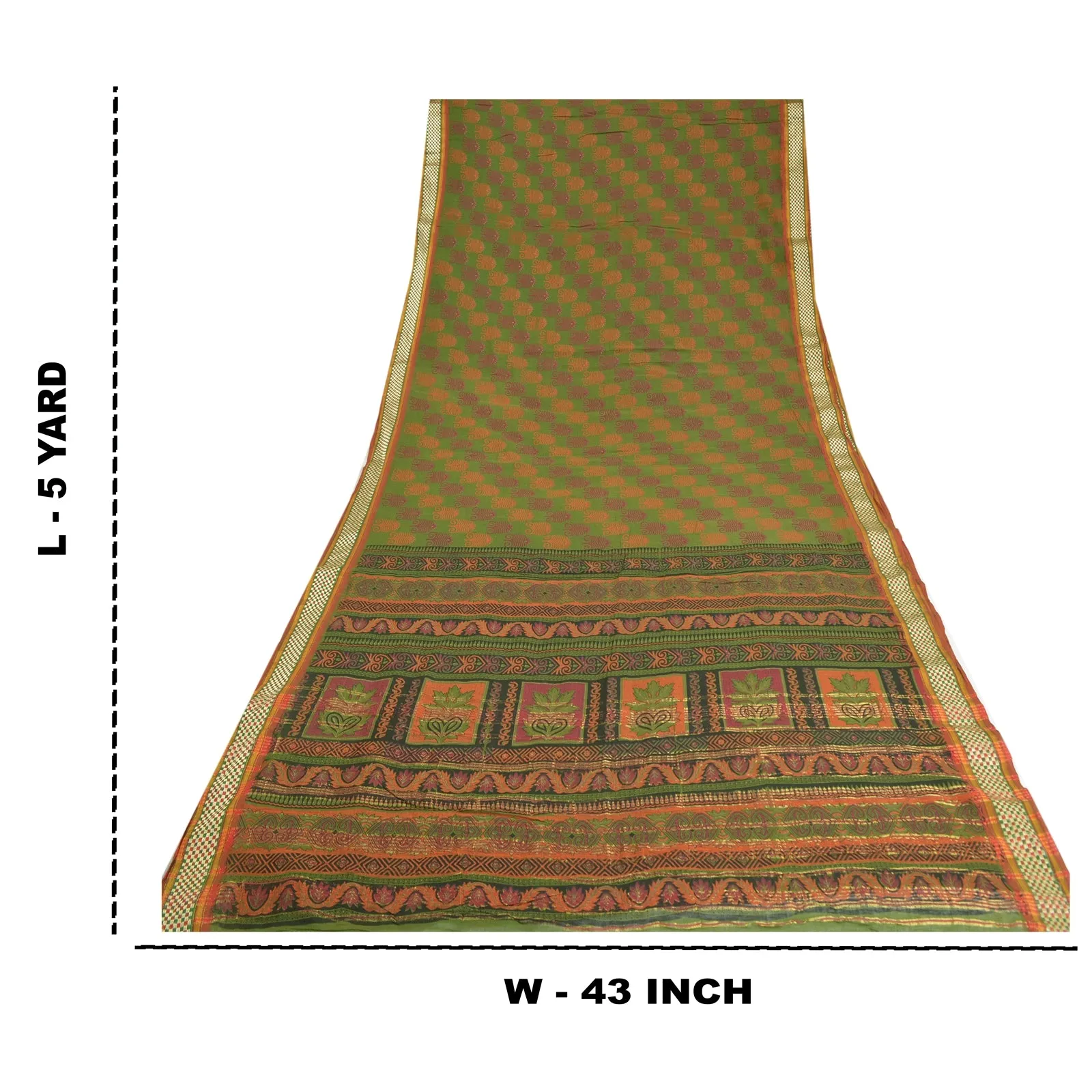 Sanskriti Vintage Sarees Green HandBlock Print Zari Work Pure Cotton Sari Fabric