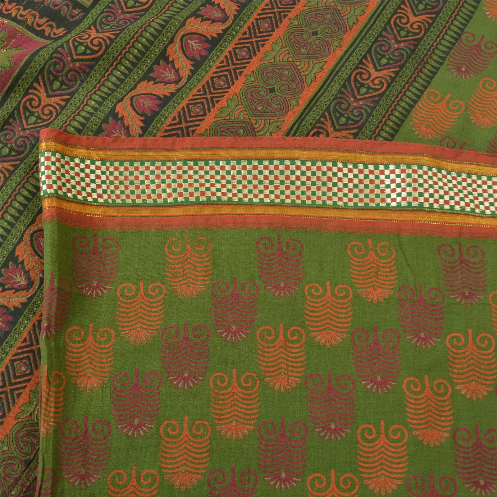 Sanskriti Vintage Sarees Green HandBlock Print Zari Work Pure Cotton Sari Fabric