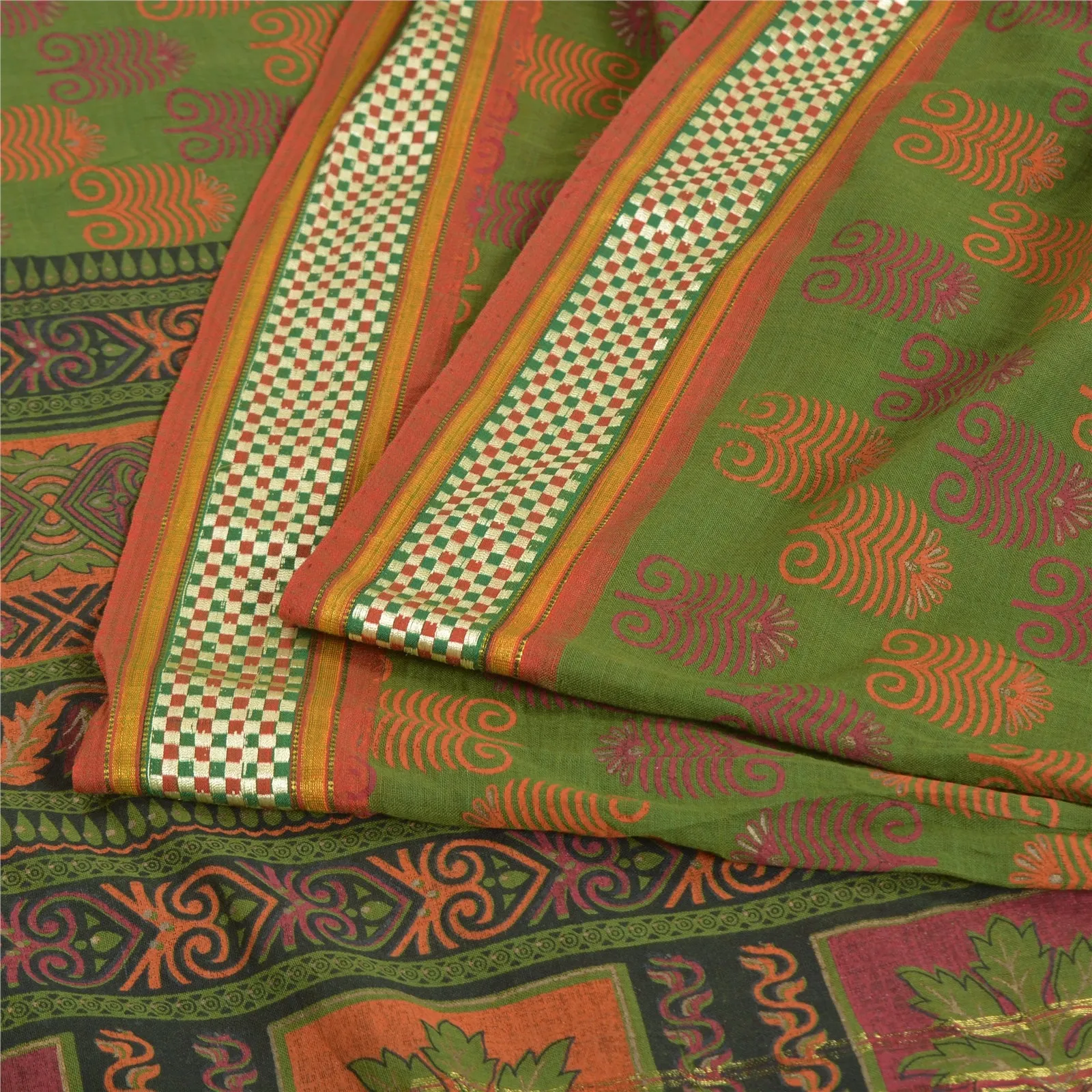 Sanskriti Vintage Sarees Green HandBlock Print Zari Work Pure Cotton Sari Fabric