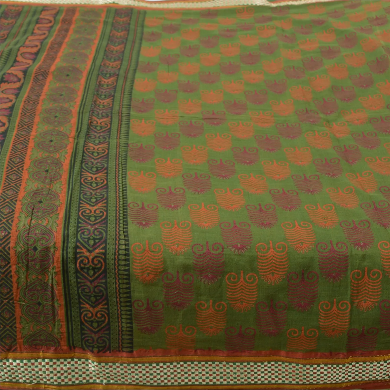 Sanskriti Vintage Sarees Green HandBlock Print Zari Work Pure Cotton Sari Fabric