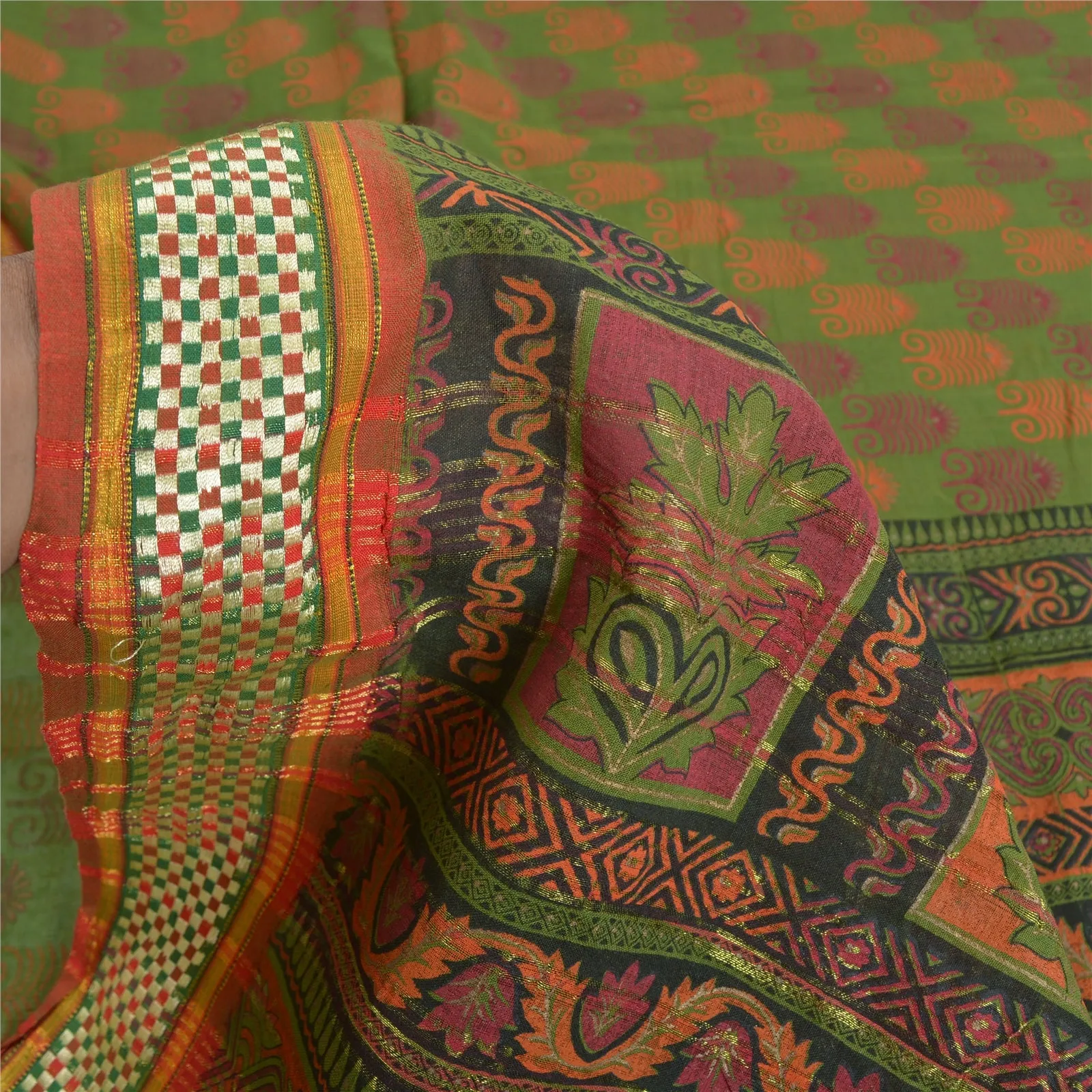 Sanskriti Vintage Sarees Green HandBlock Print Zari Work Pure Cotton Sari Fabric