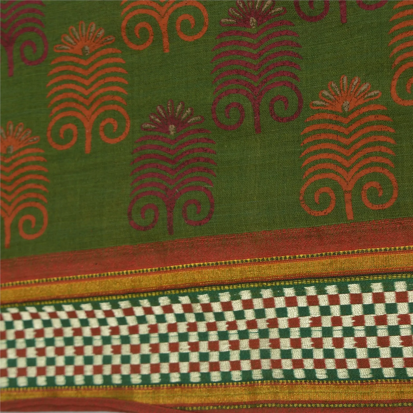 Sanskriti Vintage Sarees Green HandBlock Print Zari Work Pure Cotton Sari Fabric