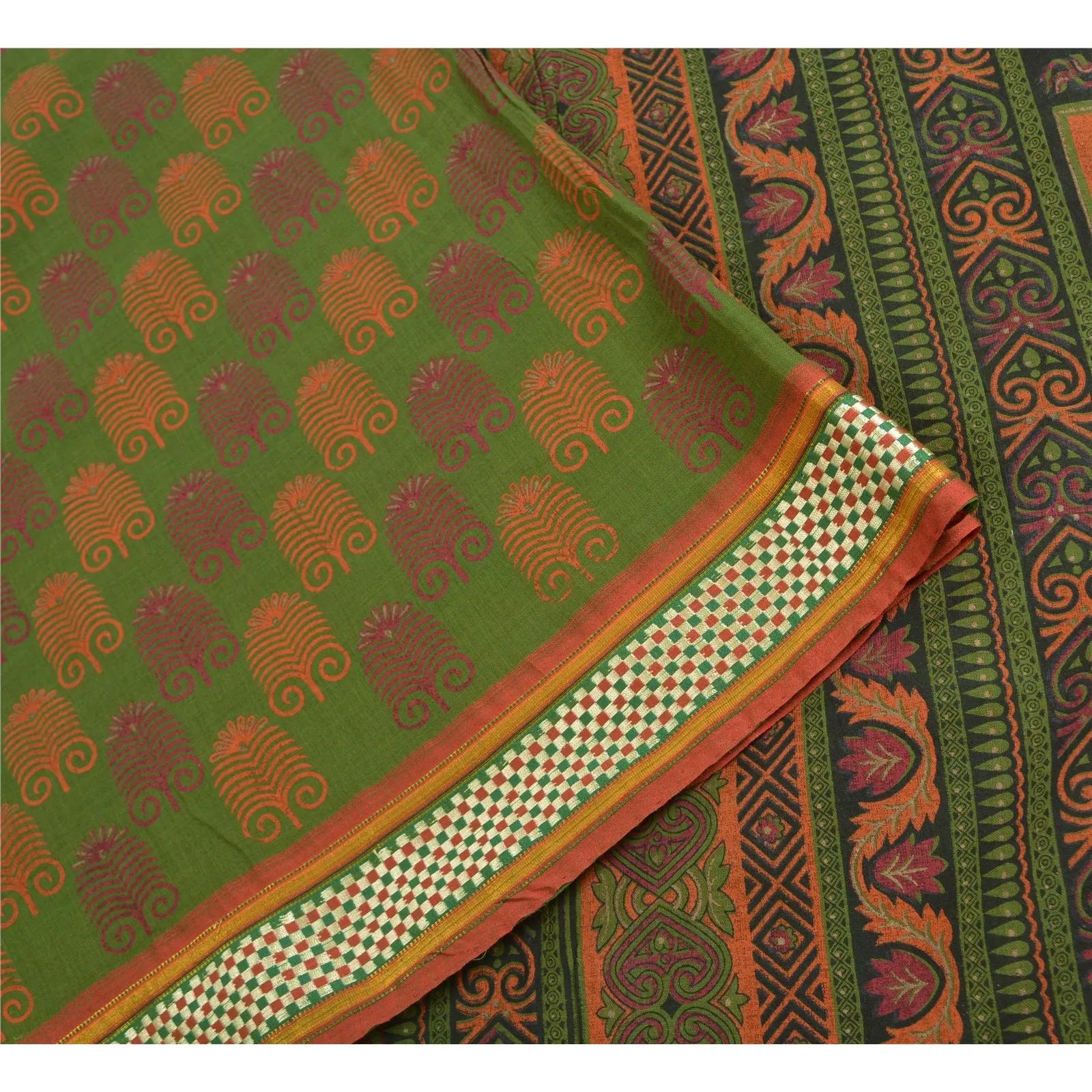 Sanskriti Vintage Sarees Green HandBlock Print Zari Work Pure Cotton Sari Fabric