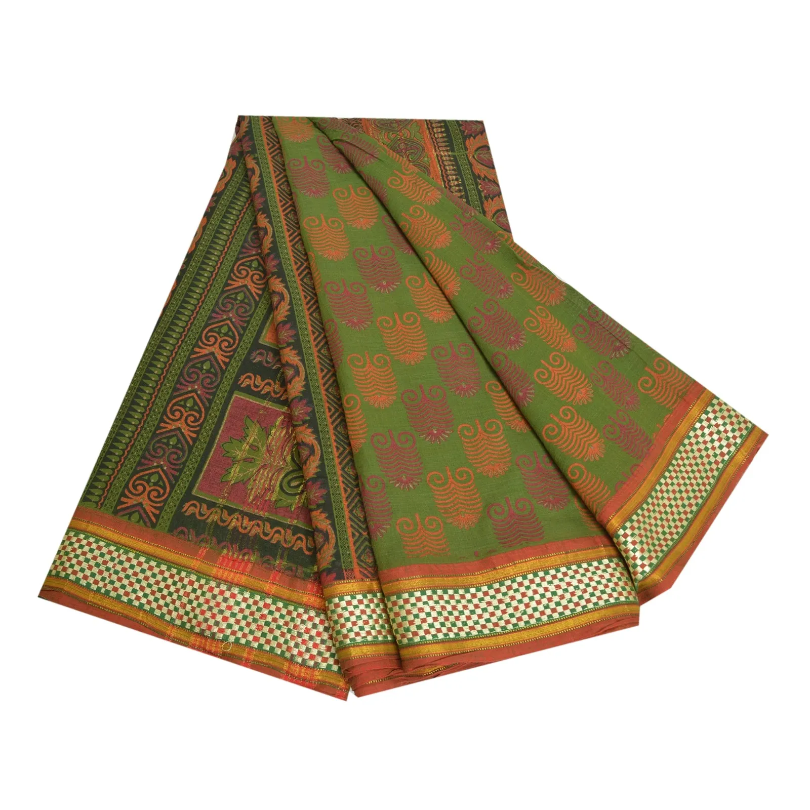 Sanskriti Vintage Sarees Green HandBlock Print Zari Work Pure Cotton Sari Fabric