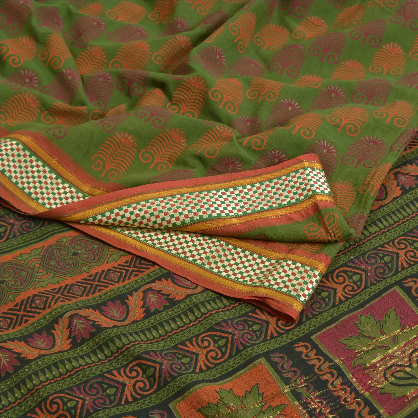 Sanskriti Vintage Sarees Green HandBlock Print Zari Work Pure Cotton Sari Fabric