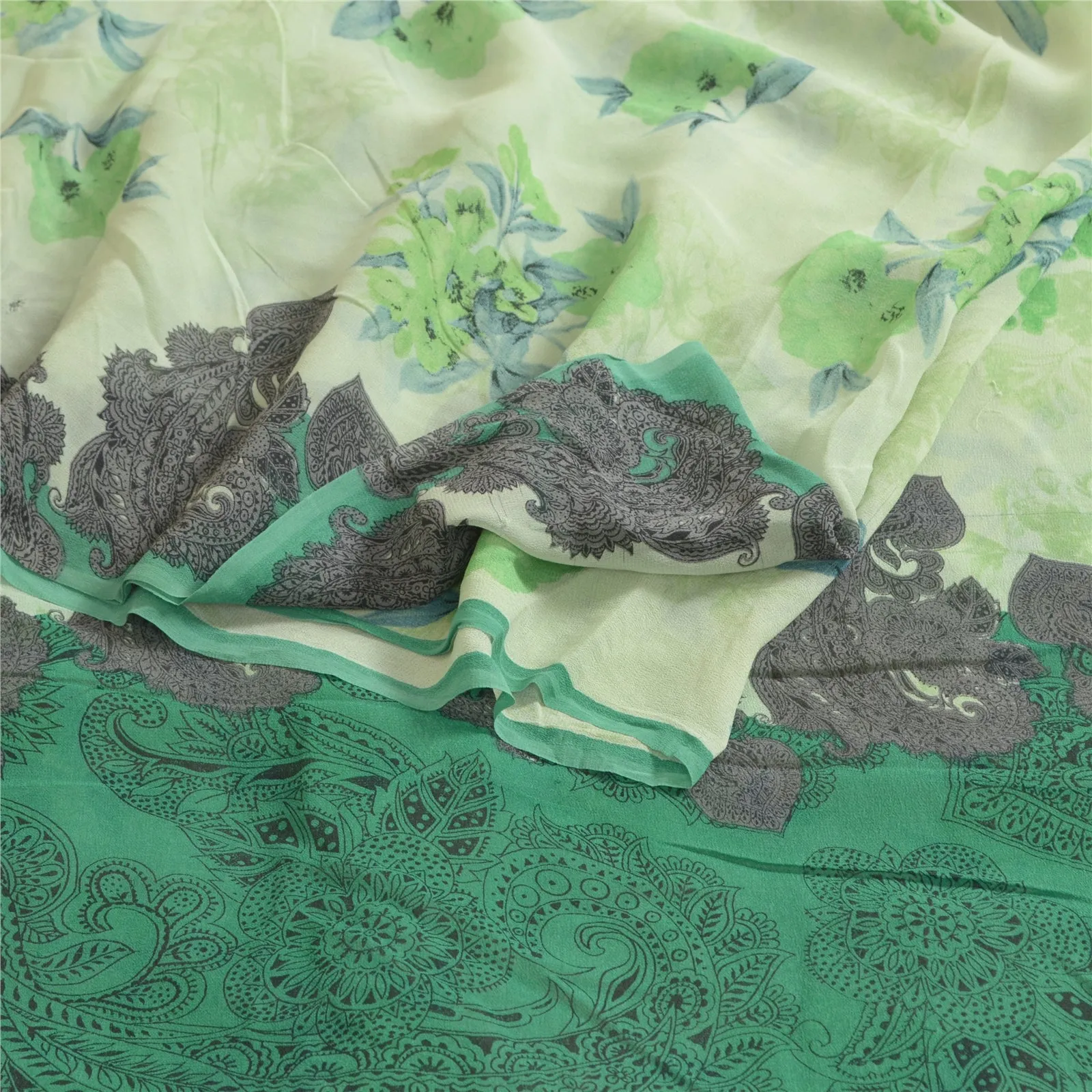 Sanskriti Vintage Sarees Green Pure Georgette Silk Printed Sari 5yd Craft Fabric