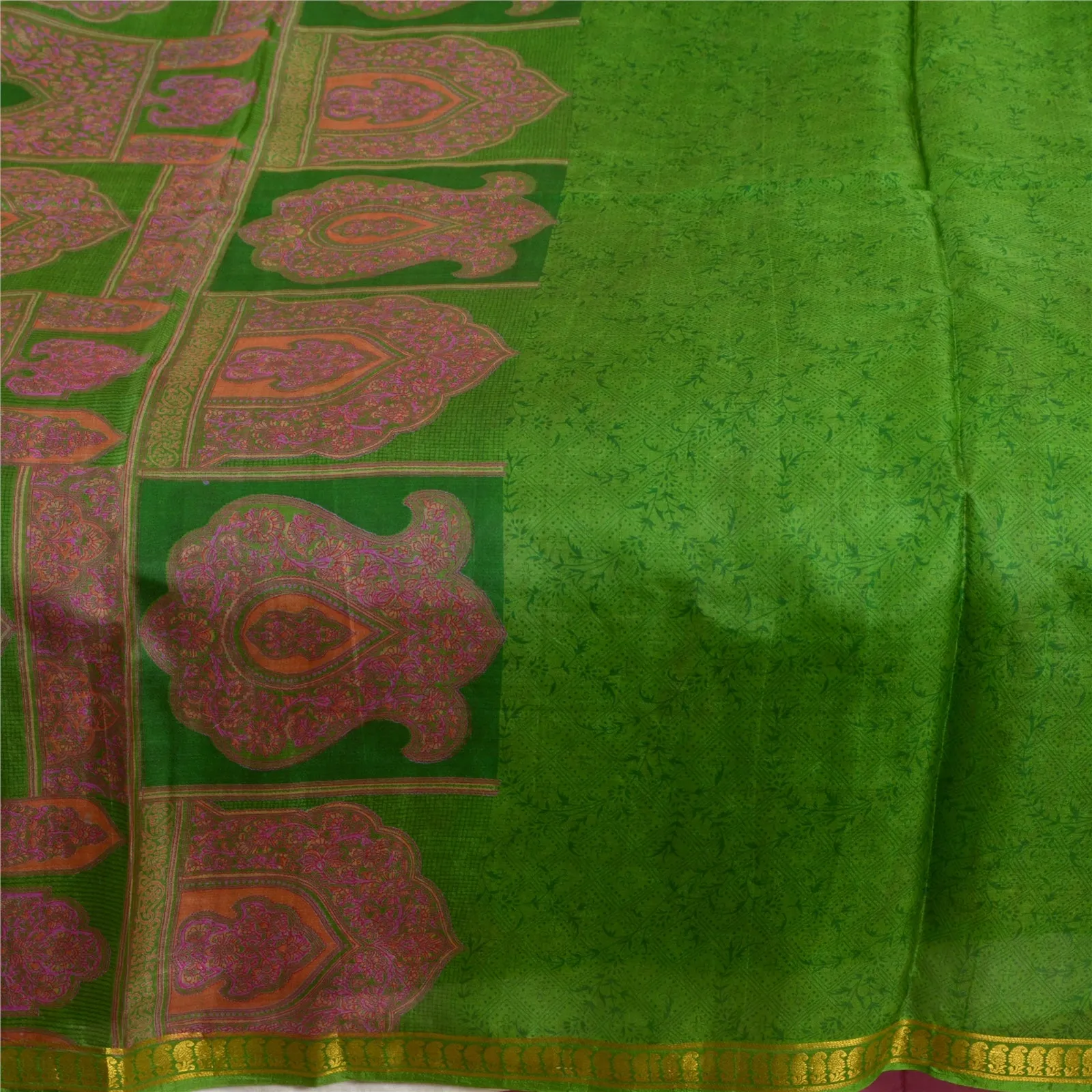 Sanskriti Vintage Sarees Green Zari Border Printed Pure Silk Sari Craft Fabric