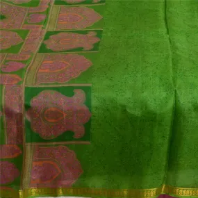 Sanskriti Vintage Sarees Green Zari Border Printed Pure Silk Sari Craft Fabric