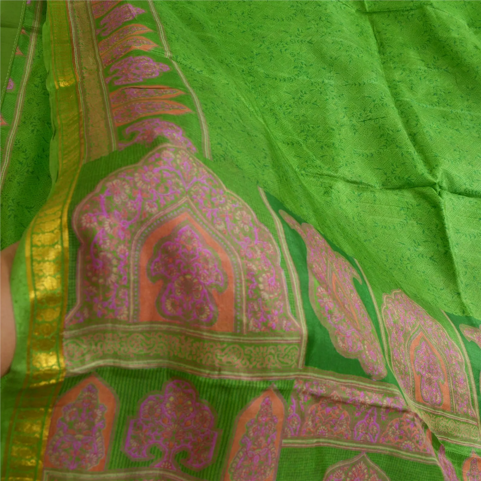 Sanskriti Vintage Sarees Green Zari Border Printed Pure Silk Sari Craft Fabric