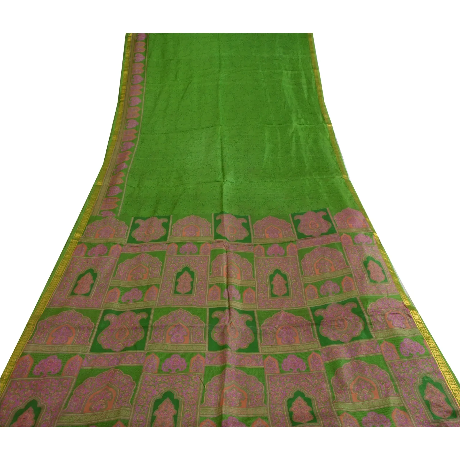 Sanskriti Vintage Sarees Green Zari Border Printed Pure Silk Sari Craft Fabric