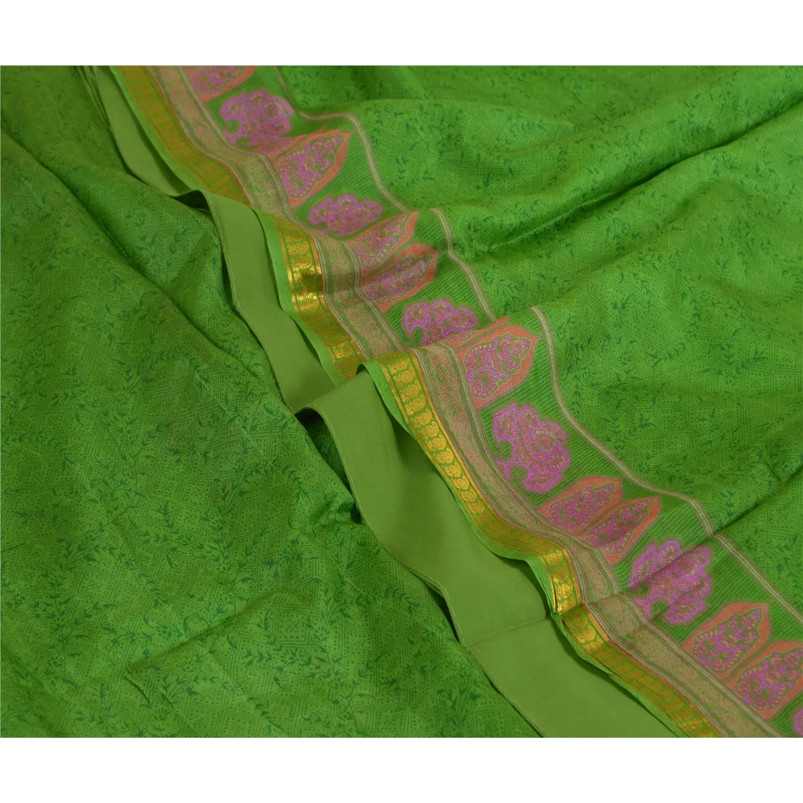 Sanskriti Vintage Sarees Green Zari Border Printed Pure Silk Sari Craft Fabric