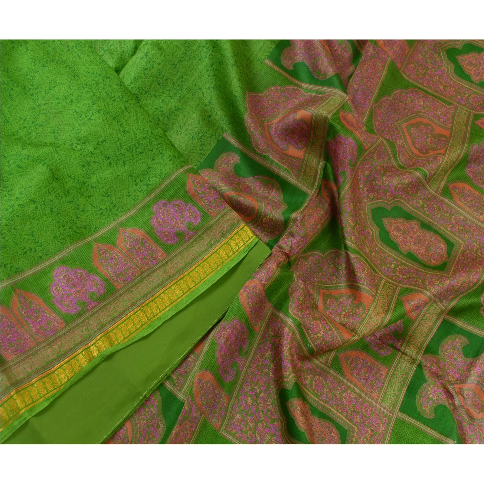 Sanskriti Vintage Sarees Green Zari Border Printed Pure Silk Sari Craft Fabric