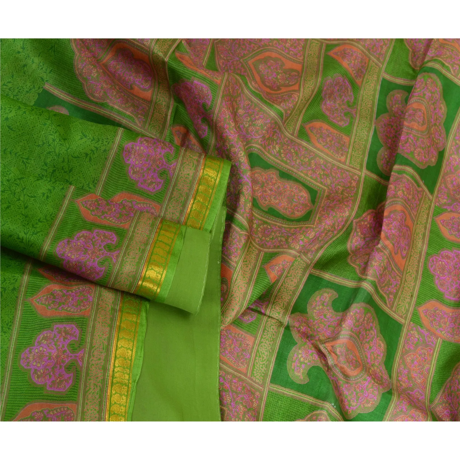 Sanskriti Vintage Sarees Green Zari Border Printed Pure Silk Sari Craft Fabric