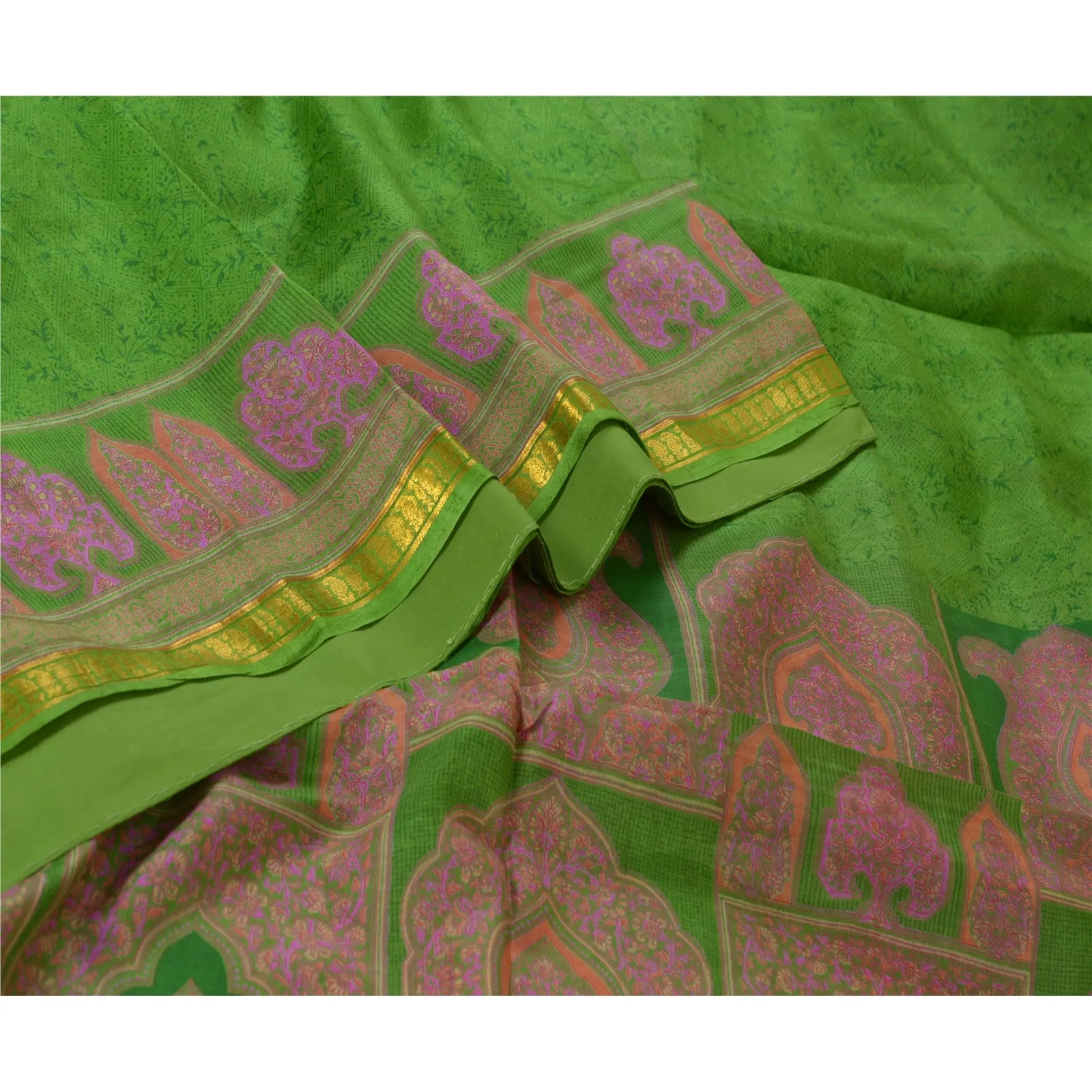 Sanskriti Vintage Sarees Green Zari Border Printed Pure Silk Sari Craft Fabric