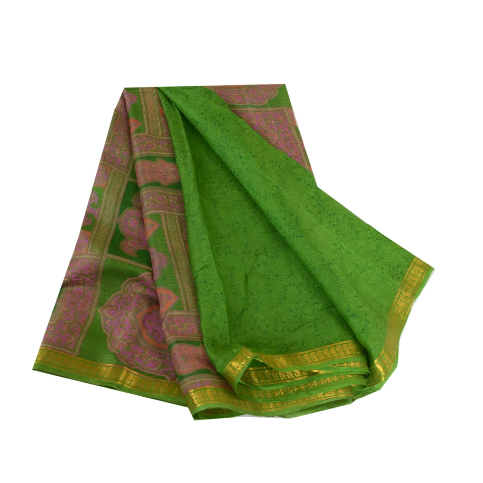 Sanskriti Vintage Sarees Green Zari Border Printed Pure Silk Sari Craft Fabric