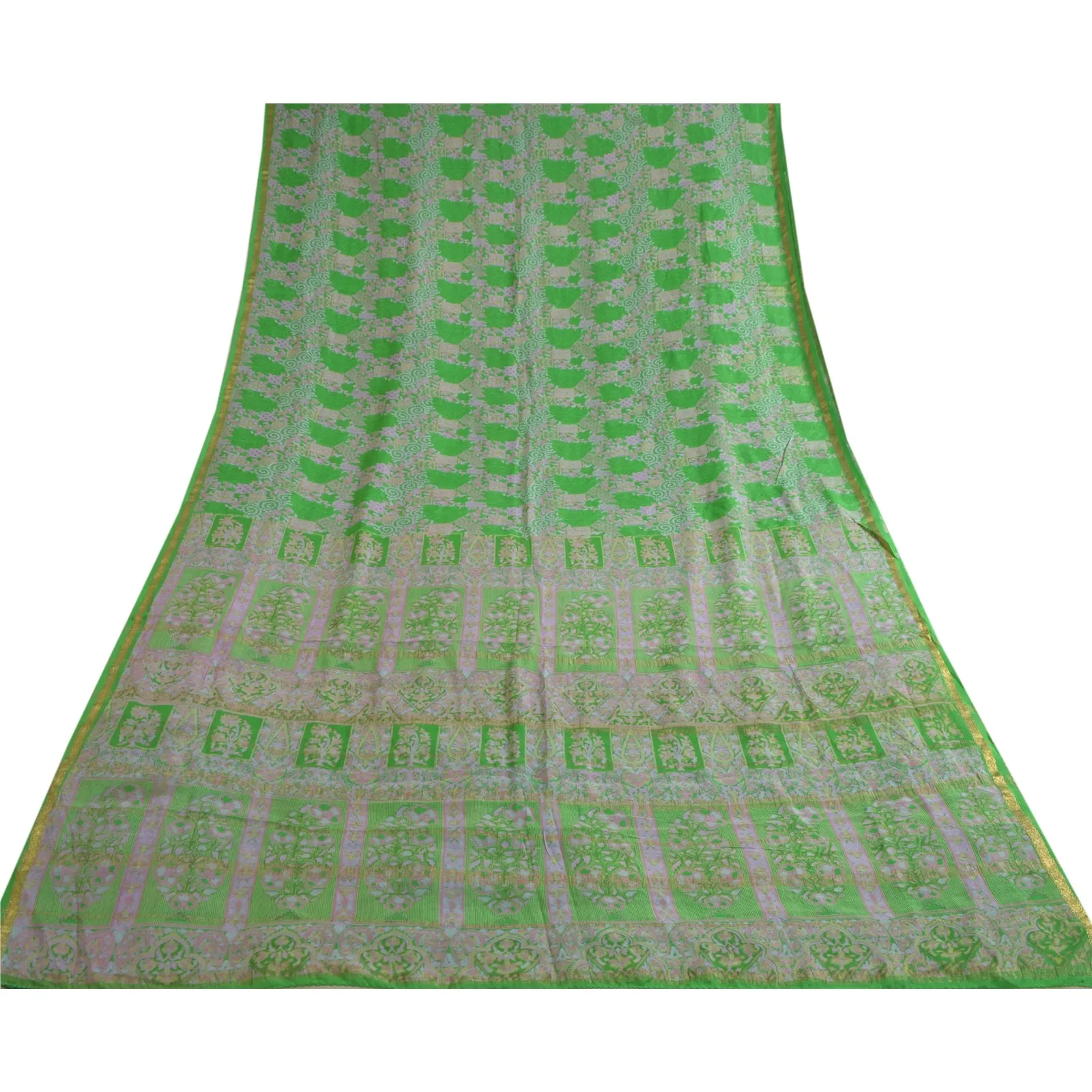 Sanskriti Vintage Sarees Green Zari Border Pure Silk Printed Sari Craft Fabric