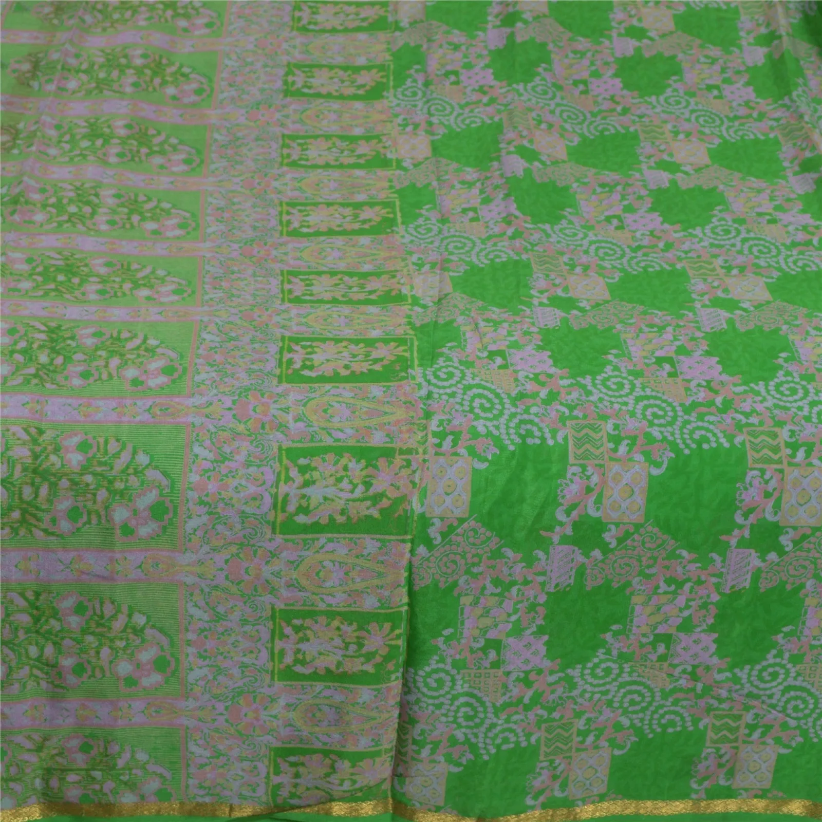 Sanskriti Vintage Sarees Green Zari Border Pure Silk Printed Sari Craft Fabric