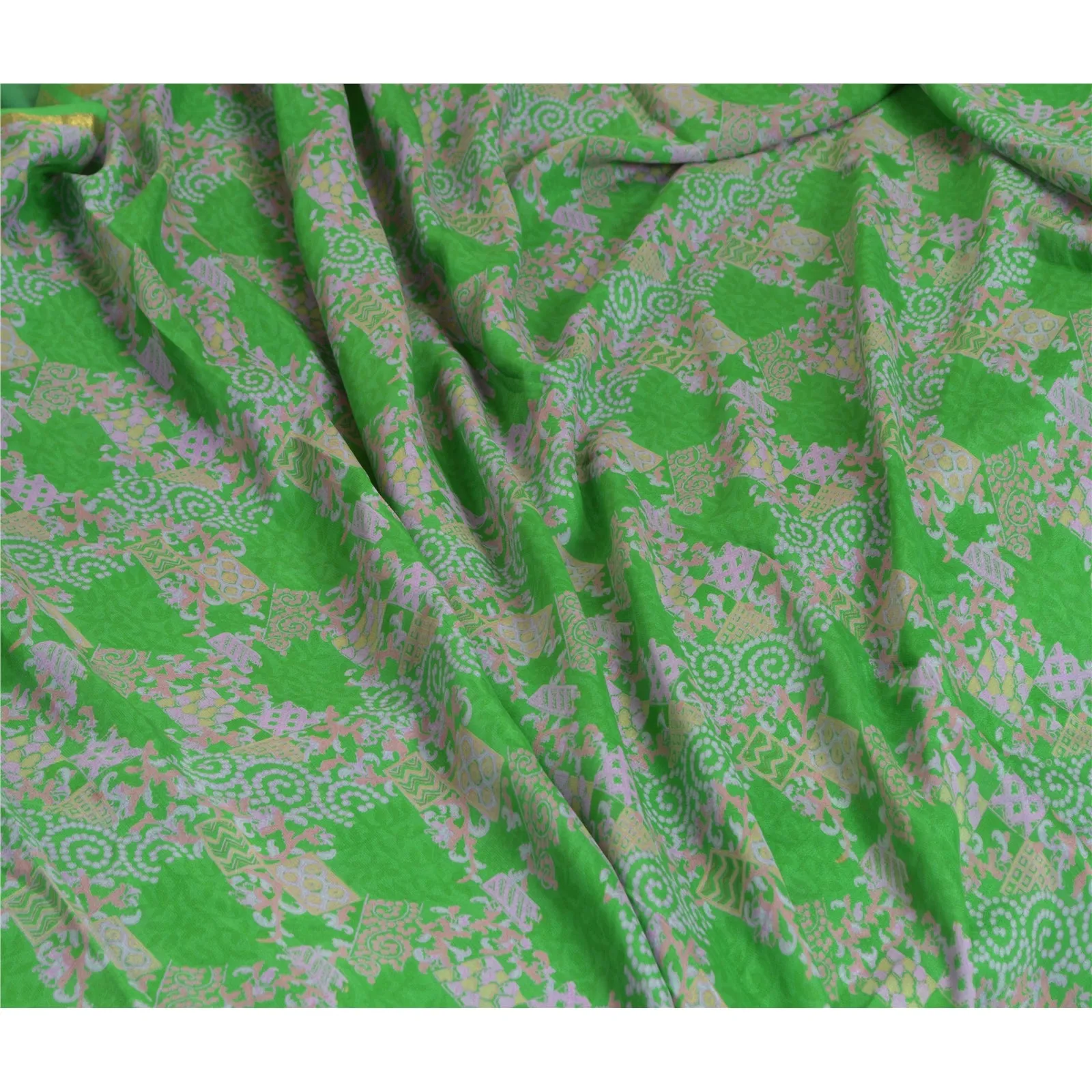 Sanskriti Vintage Sarees Green Zari Border Pure Silk Printed Sari Craft Fabric