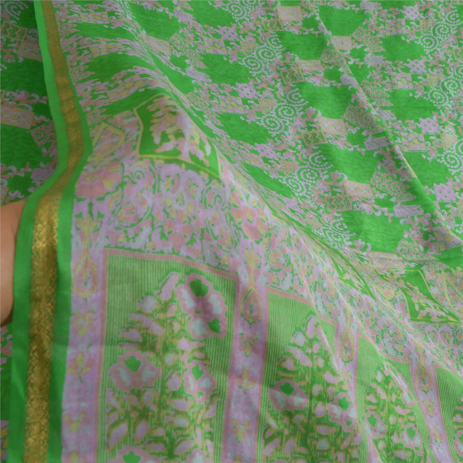 Sanskriti Vintage Sarees Green Zari Border Pure Silk Printed Sari Craft Fabric