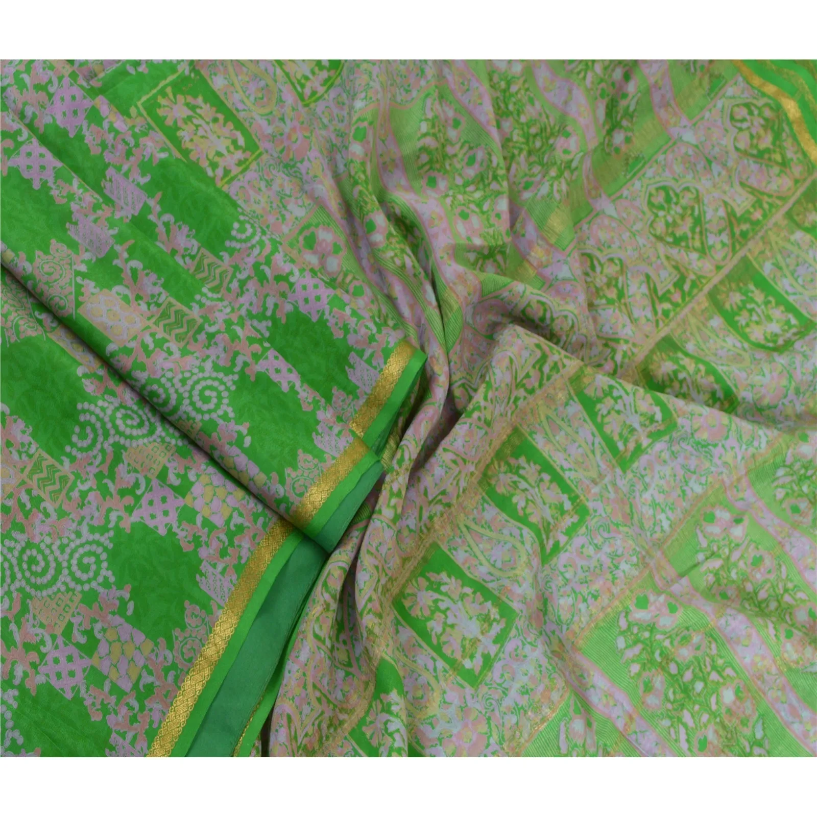 Sanskriti Vintage Sarees Green Zari Border Pure Silk Printed Sari Craft Fabric