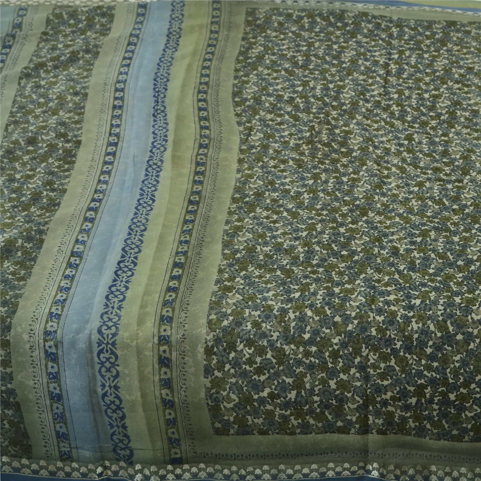 Sanskriti Vintage Sarees Green/Blue Pure Georgette Silk Print Sari Craft Fabric