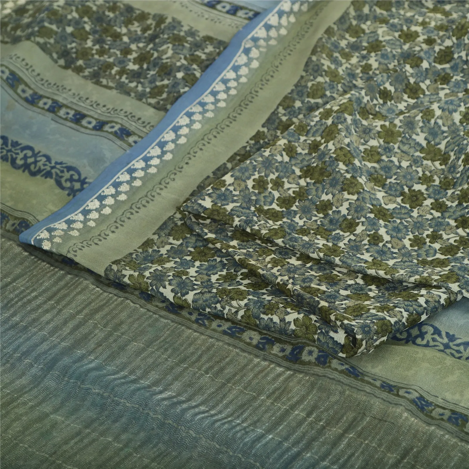 Sanskriti Vintage Sarees Green/Blue Pure Georgette Silk Print Sari Craft Fabric