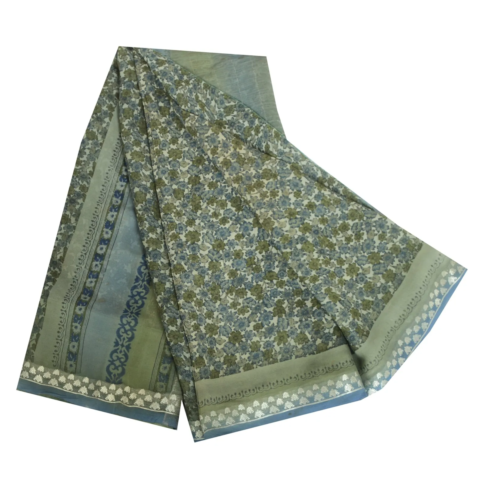 Sanskriti Vintage Sarees Green/Blue Pure Georgette Silk Print Sari Craft Fabric