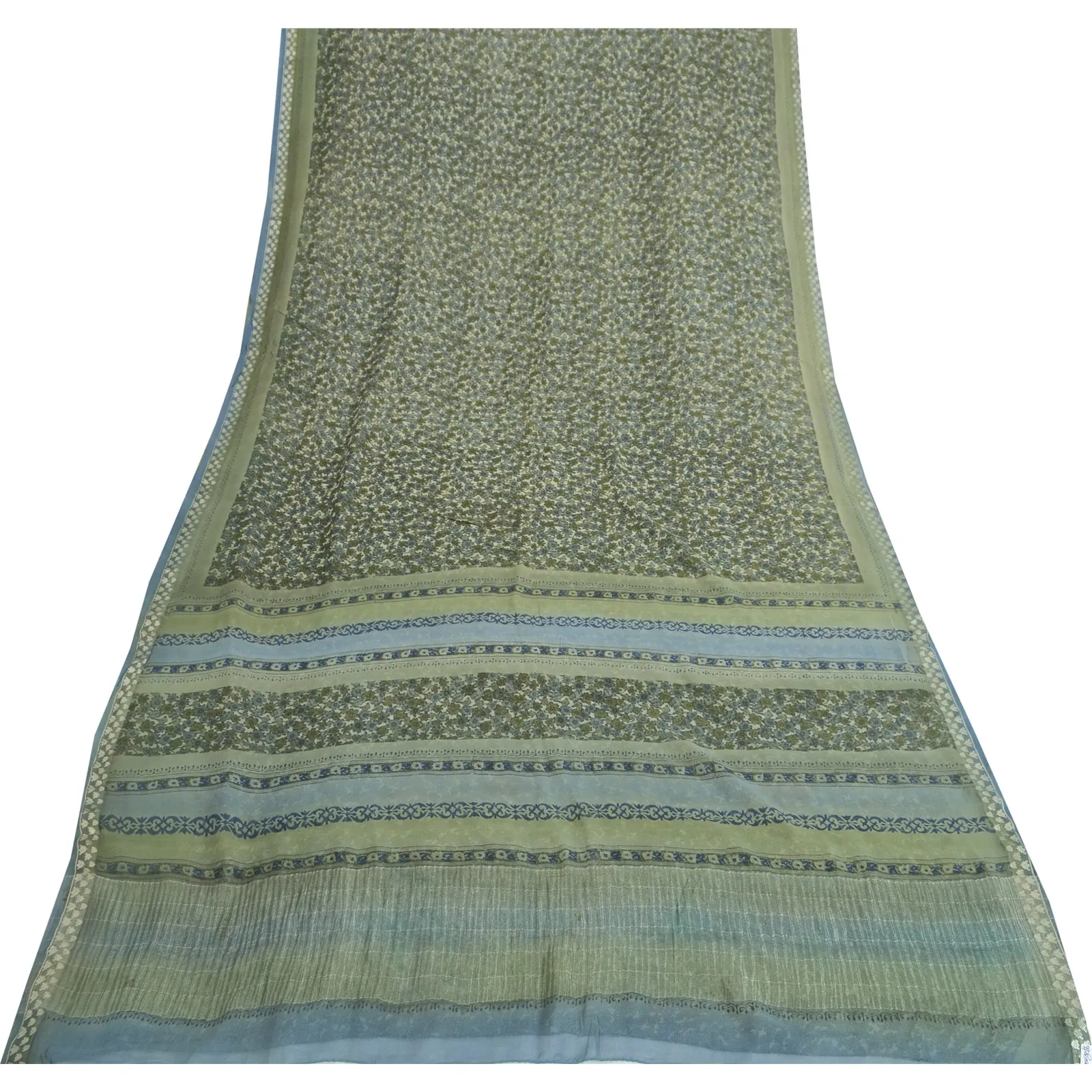 Sanskriti Vintage Sarees Green/Blue Pure Georgette Silk Print Sari Craft Fabric