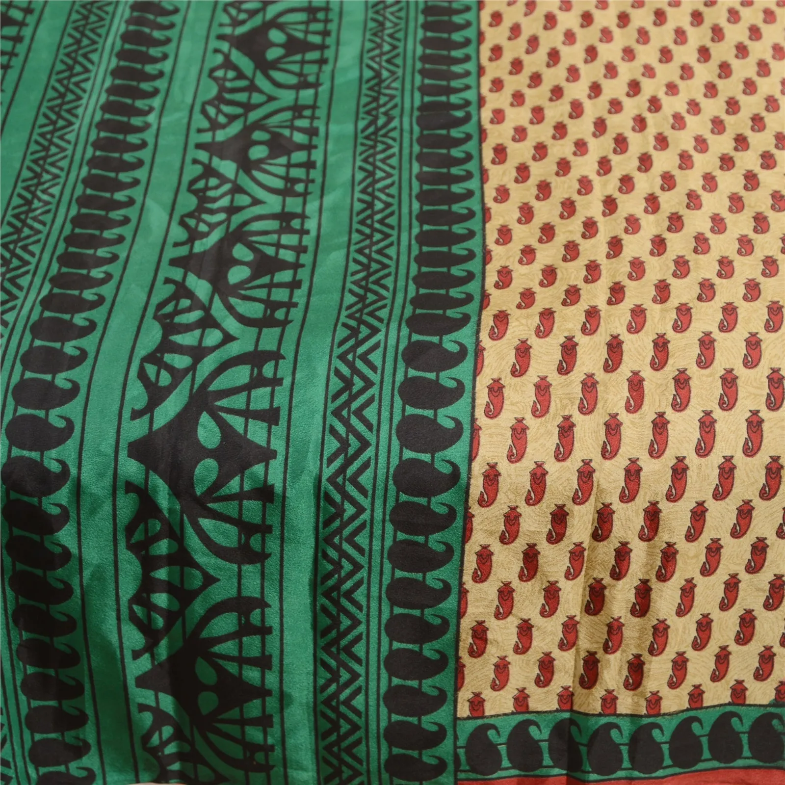 Sanskriti Vintage Sarees Indian Beige Moss Crepe Sari Printed Soft Craft Fabric