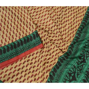 Sanskriti Vintage Sarees Indian Beige Moss Crepe Sari Printed Soft Craft Fabric