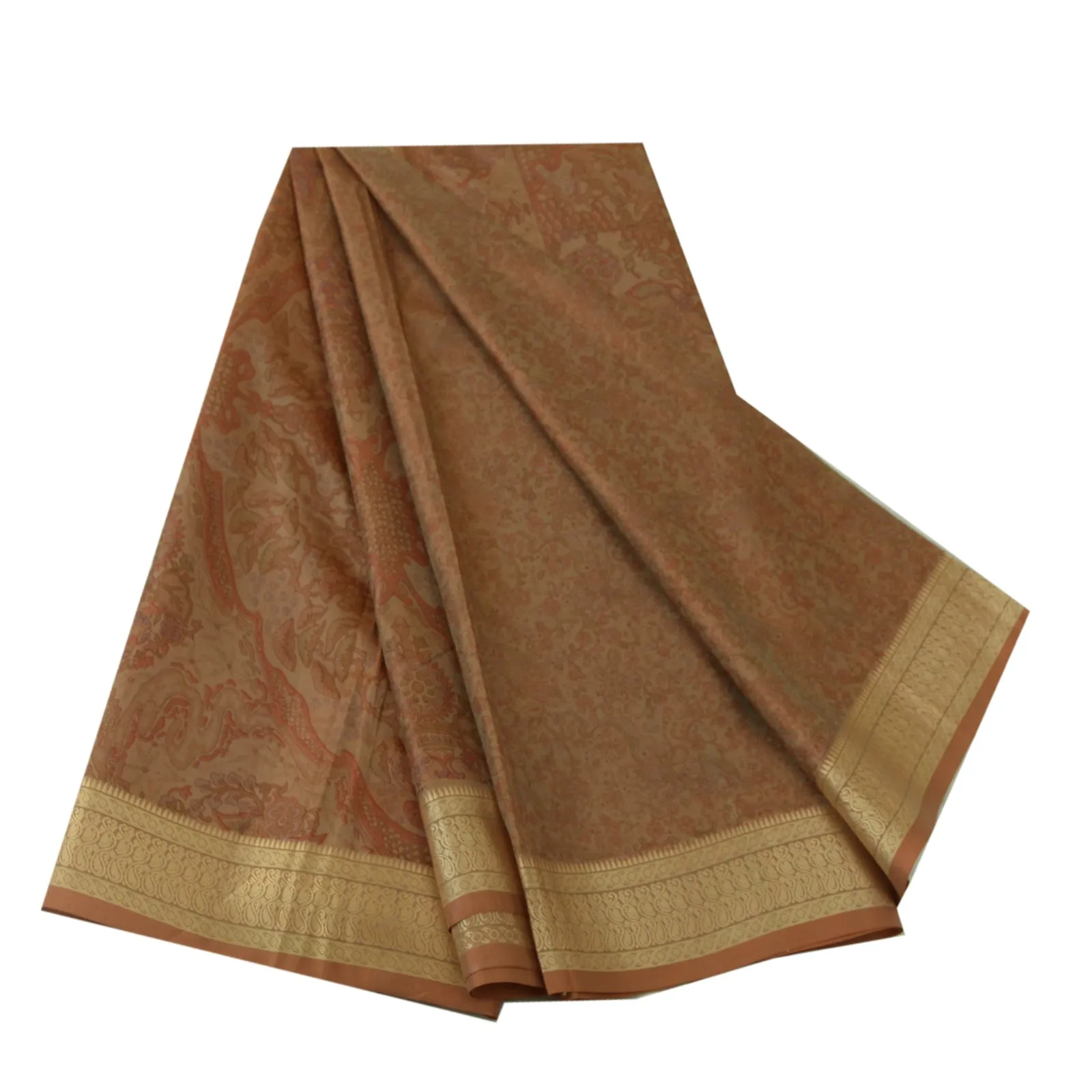 Sanskriti Vintage Sarees Indian Brown 100% Pure Silk Printed Sari Craft Fabric