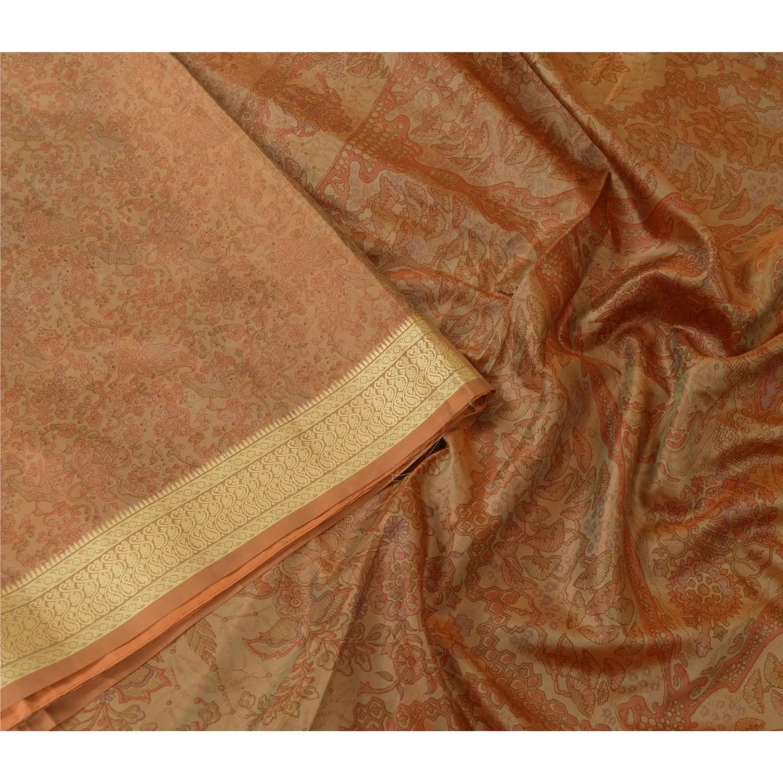 Sanskriti Vintage Sarees Indian Brown 100% Pure Silk Printed Sari Craft Fabric