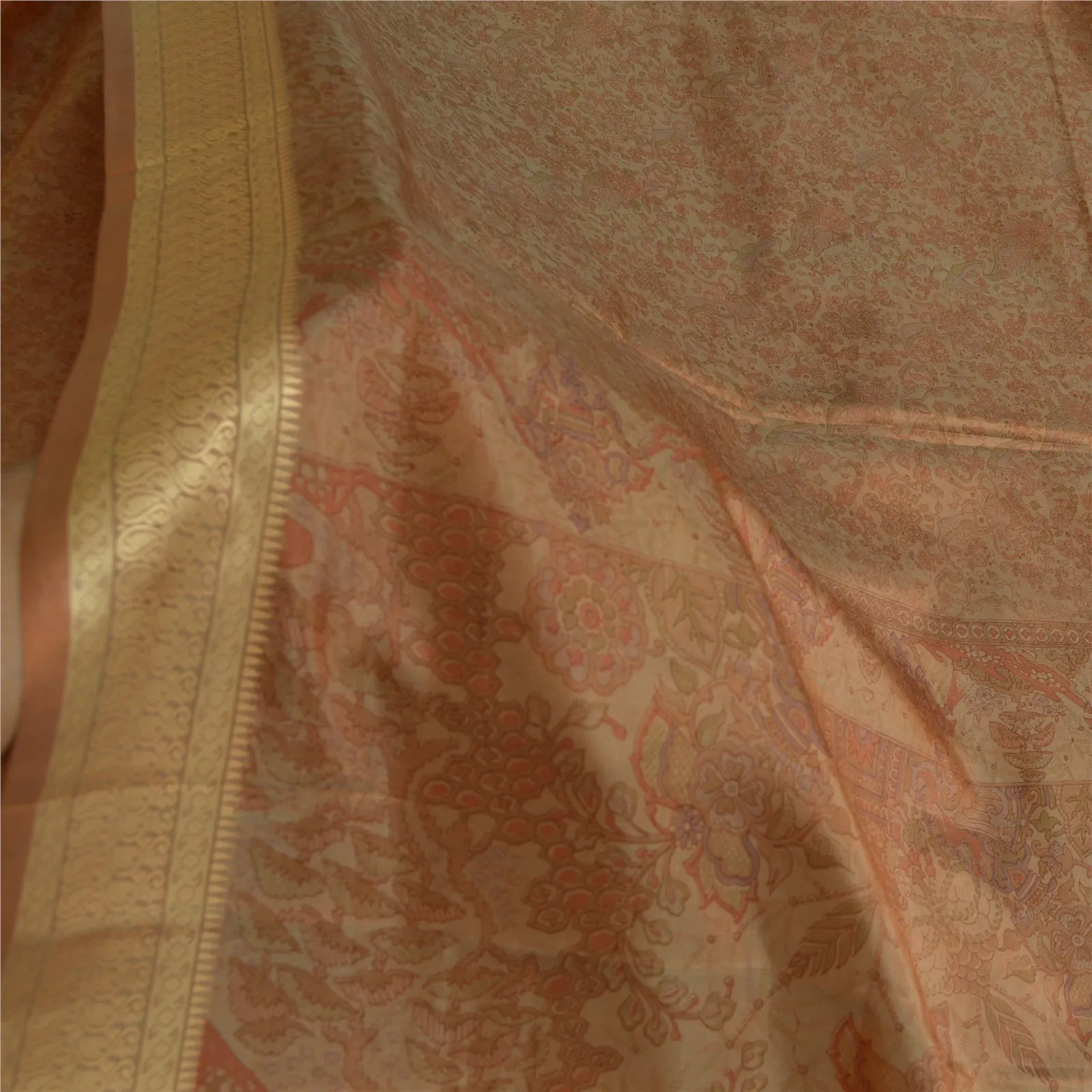 Sanskriti Vintage Sarees Indian Brown 100% Pure Silk Printed Sari Craft Fabric