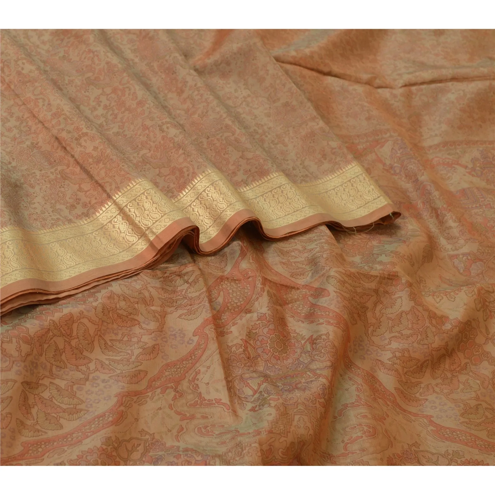 Sanskriti Vintage Sarees Indian Brown 100% Pure Silk Printed Sari Craft Fabric