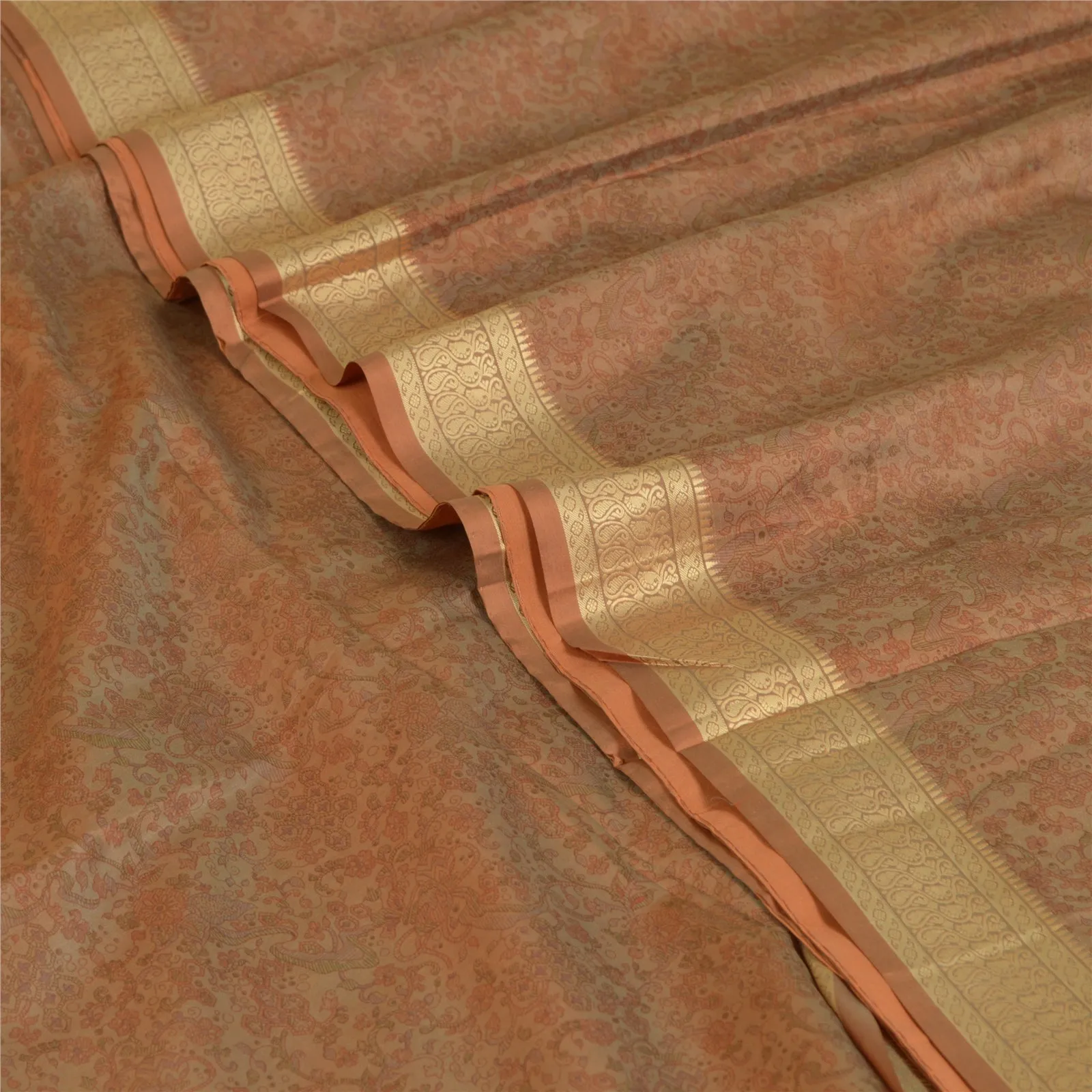 Sanskriti Vintage Sarees Indian Brown 100% Pure Silk Printed Sari Craft Fabric