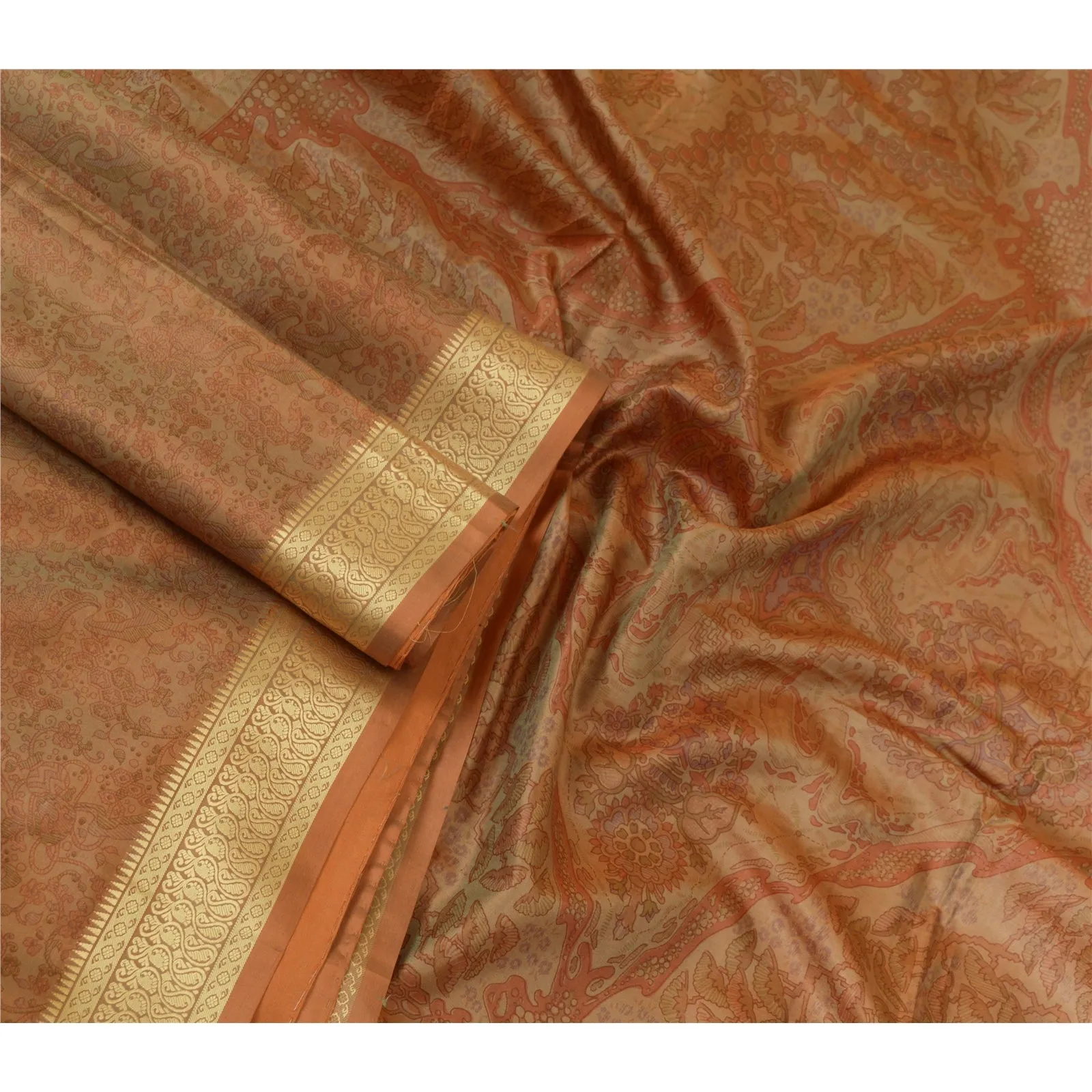 Sanskriti Vintage Sarees Indian Brown 100% Pure Silk Printed Sari Craft Fabric