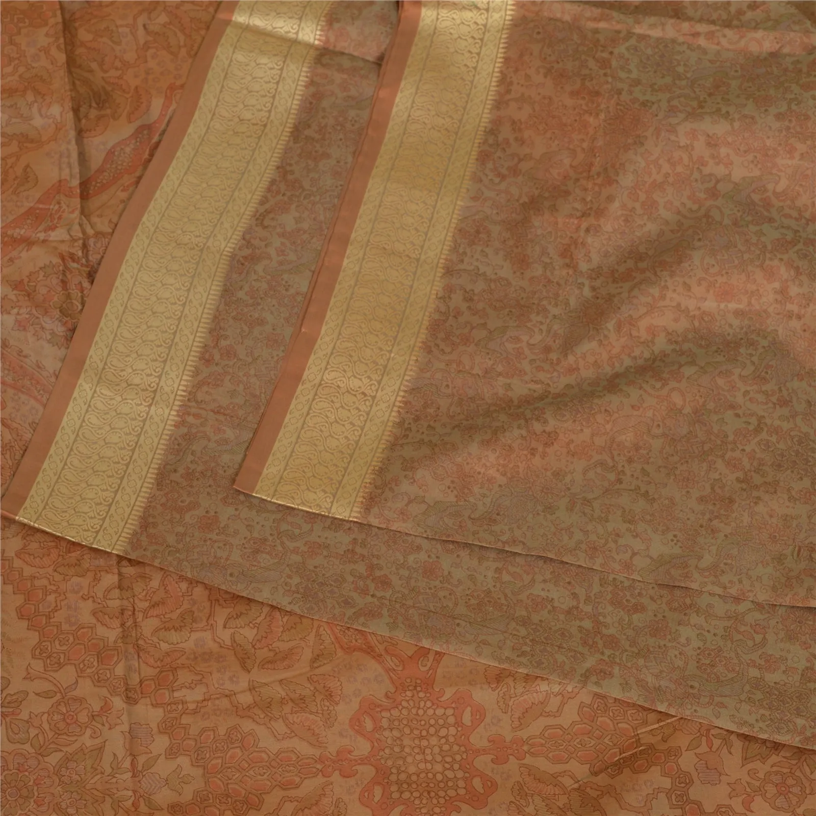 Sanskriti Vintage Sarees Indian Brown 100% Pure Silk Printed Sari Craft Fabric