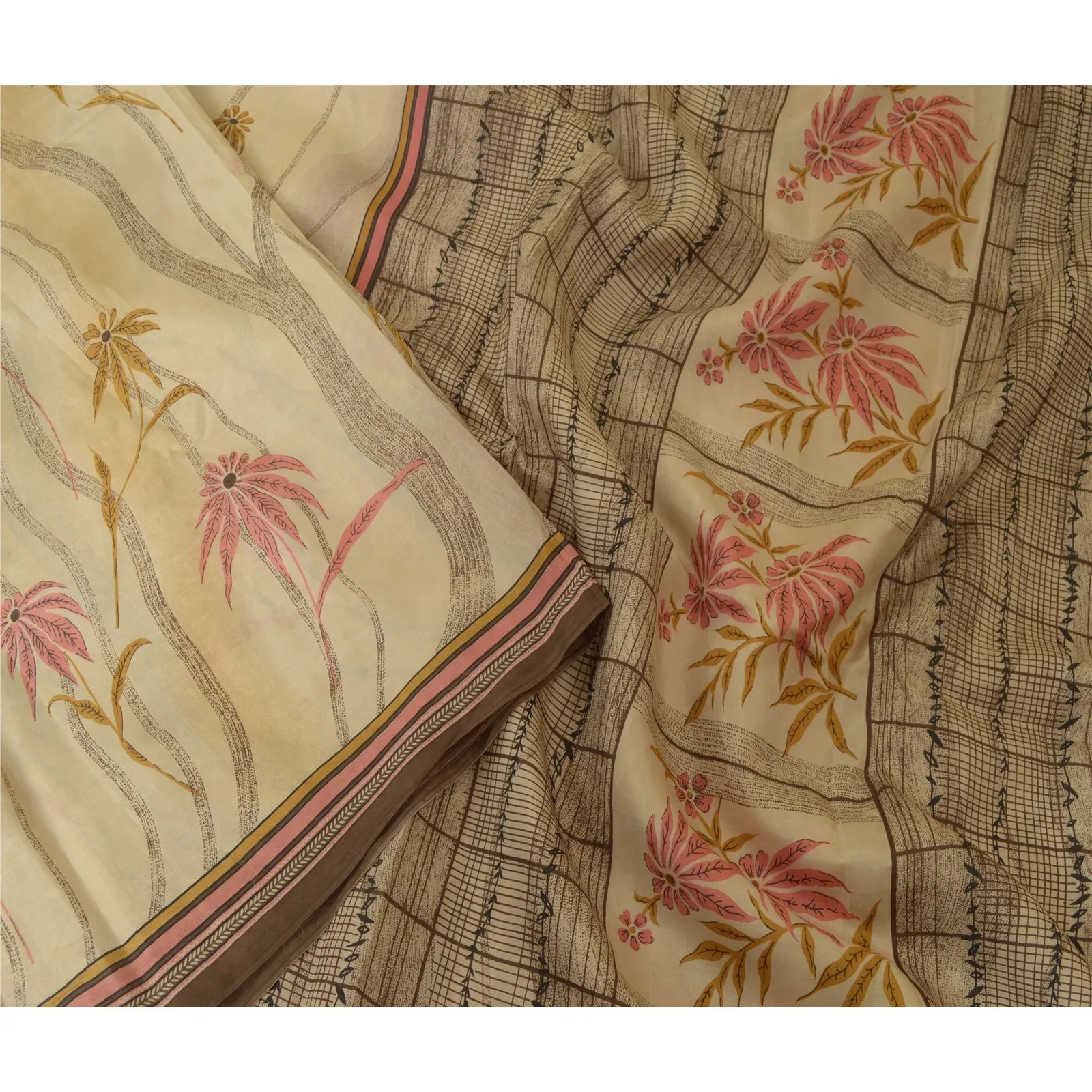 Sanskriti Vintage Sarees Indian Cream Pure Silk Printed Sari Floral Craft Fabric