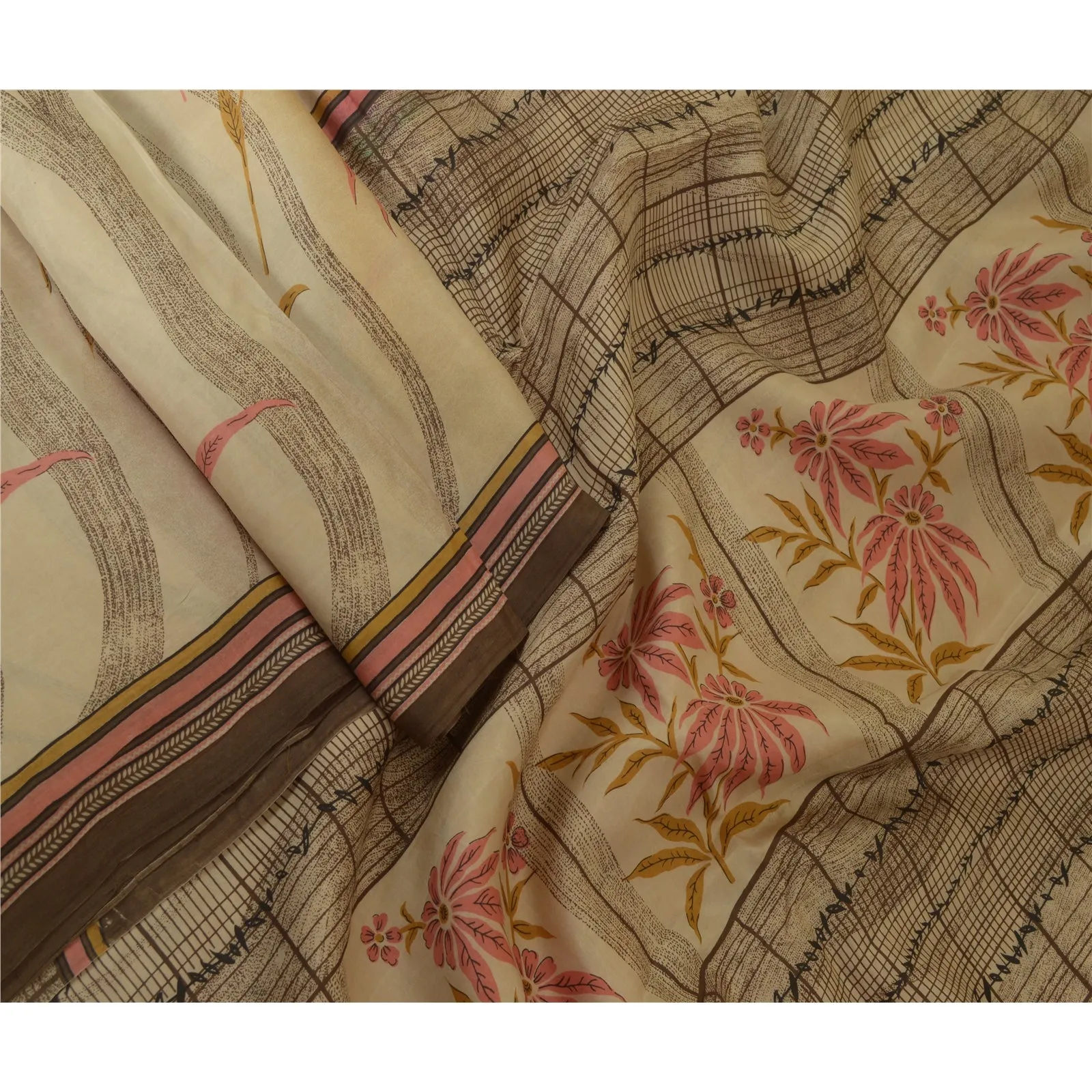 Sanskriti Vintage Sarees Indian Cream Pure Silk Printed Sari Floral Craft Fabric